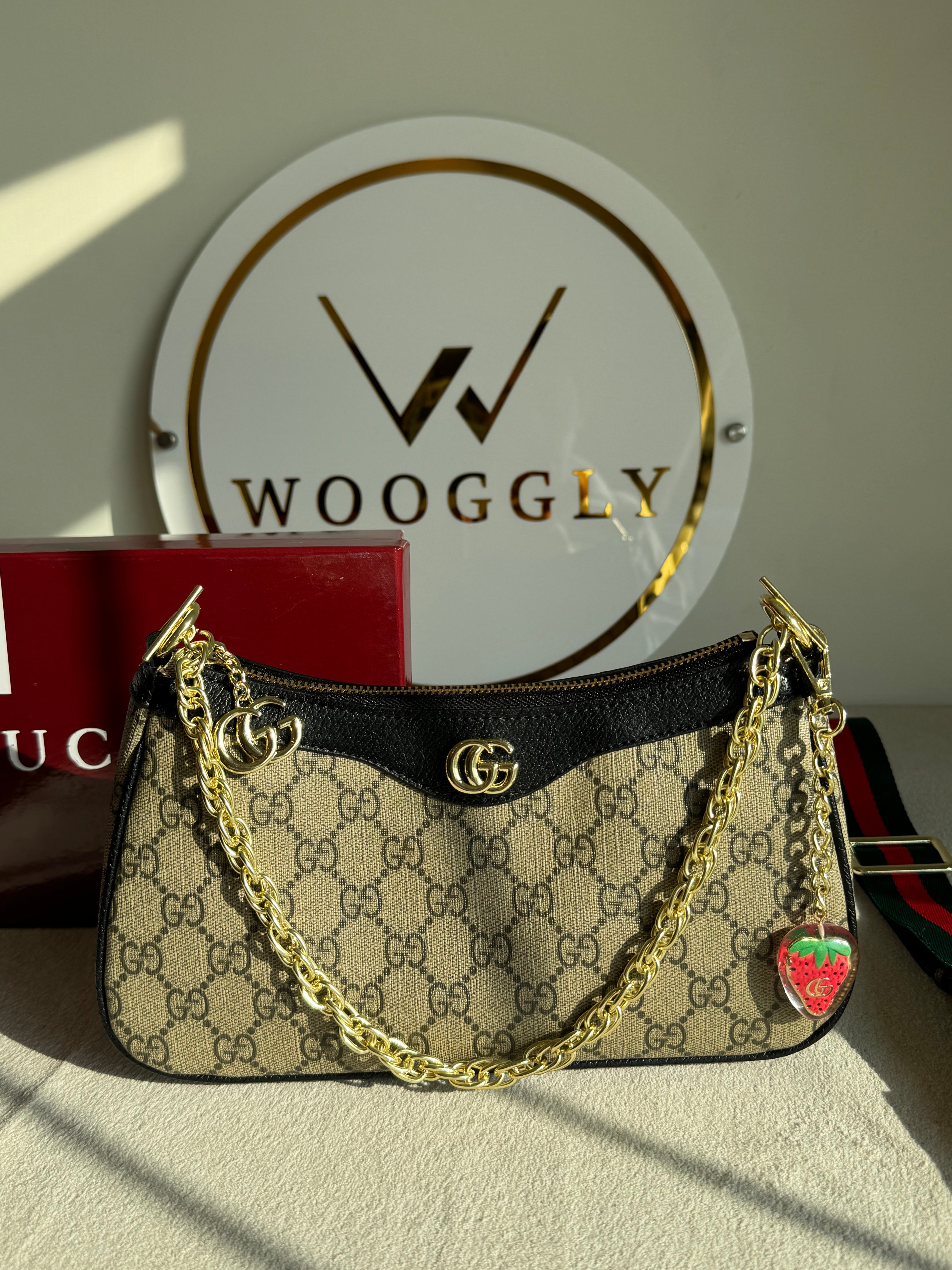 GUCCI Sling with Long Strap & Strawberry Charm - Signature Black with Box Packing