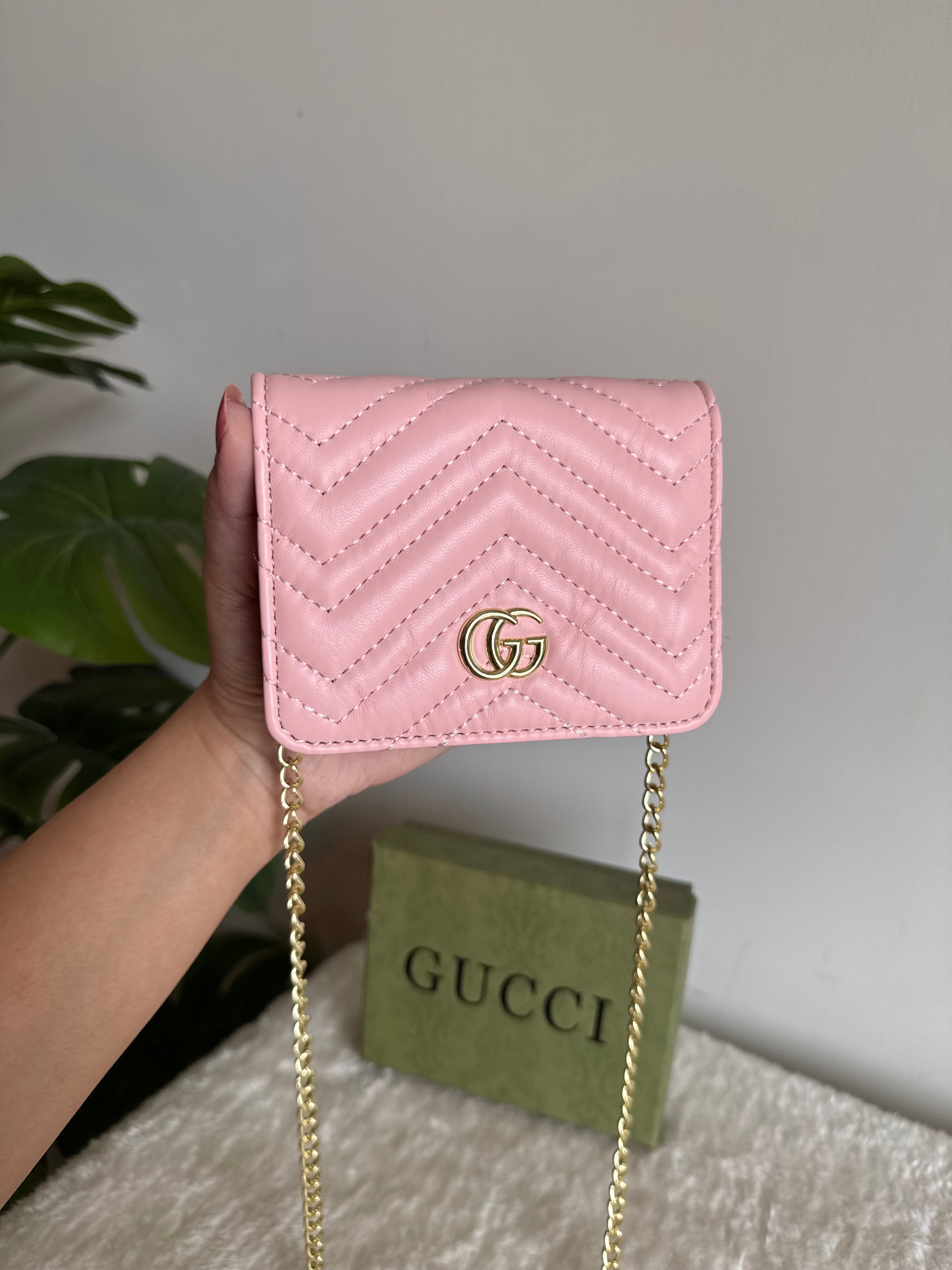 Gucci Wallet Quilted with Detachable Chain - Baby Pink
