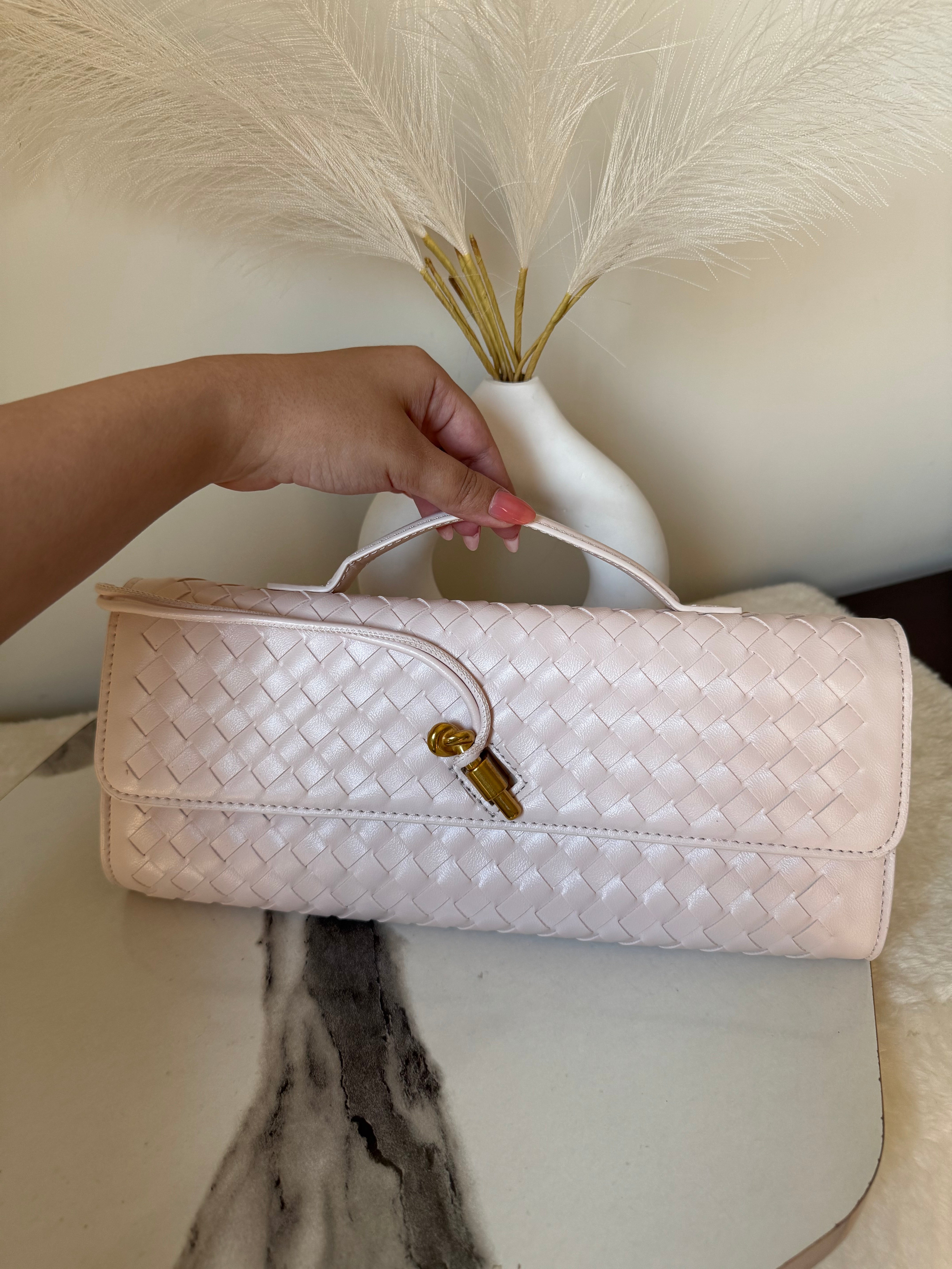 Bottega Veneta Inspired Clutch (Off White) with Long Strap