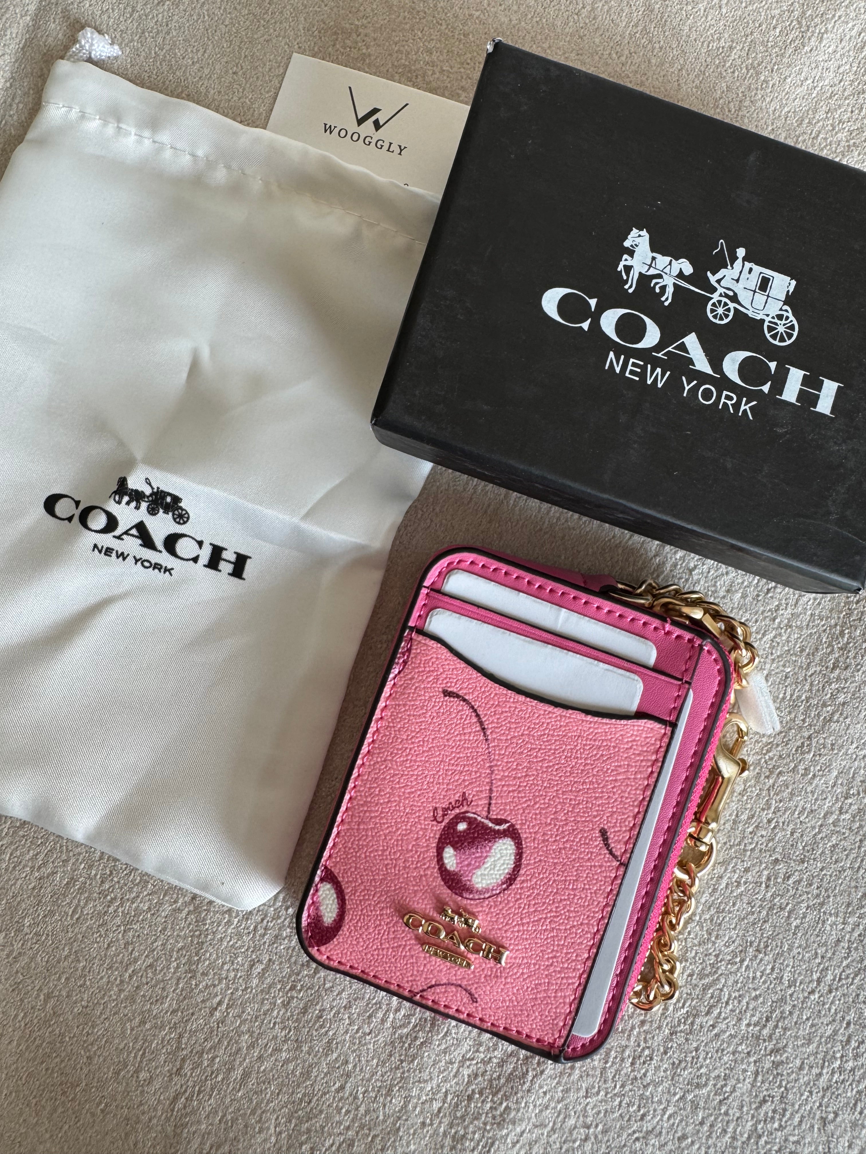 Coach Zip Card Case with Box Packing - Pink with Cherry