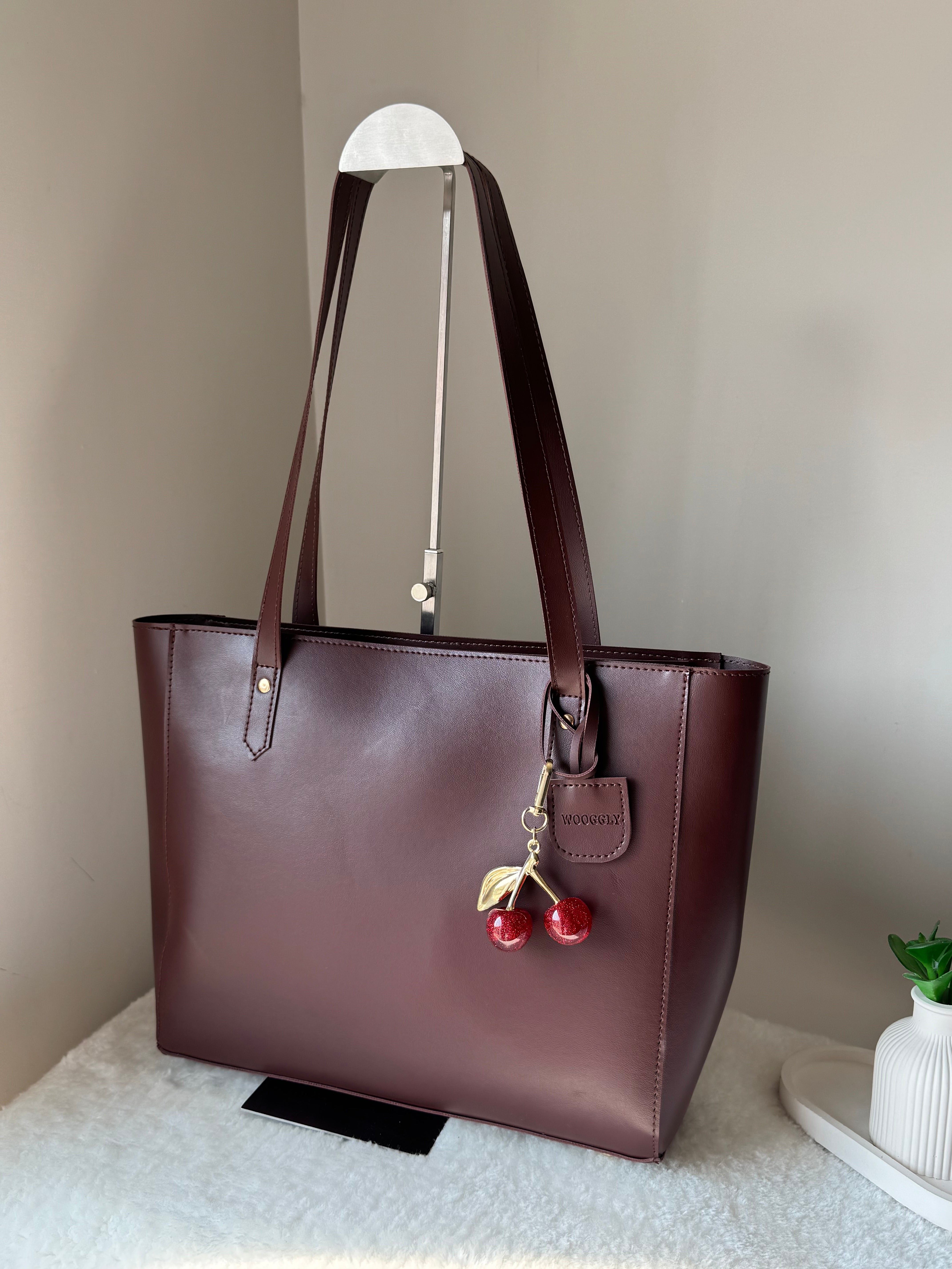 Wooggly Signature Tote Bag with Cherry Charm - Chocolate Brown