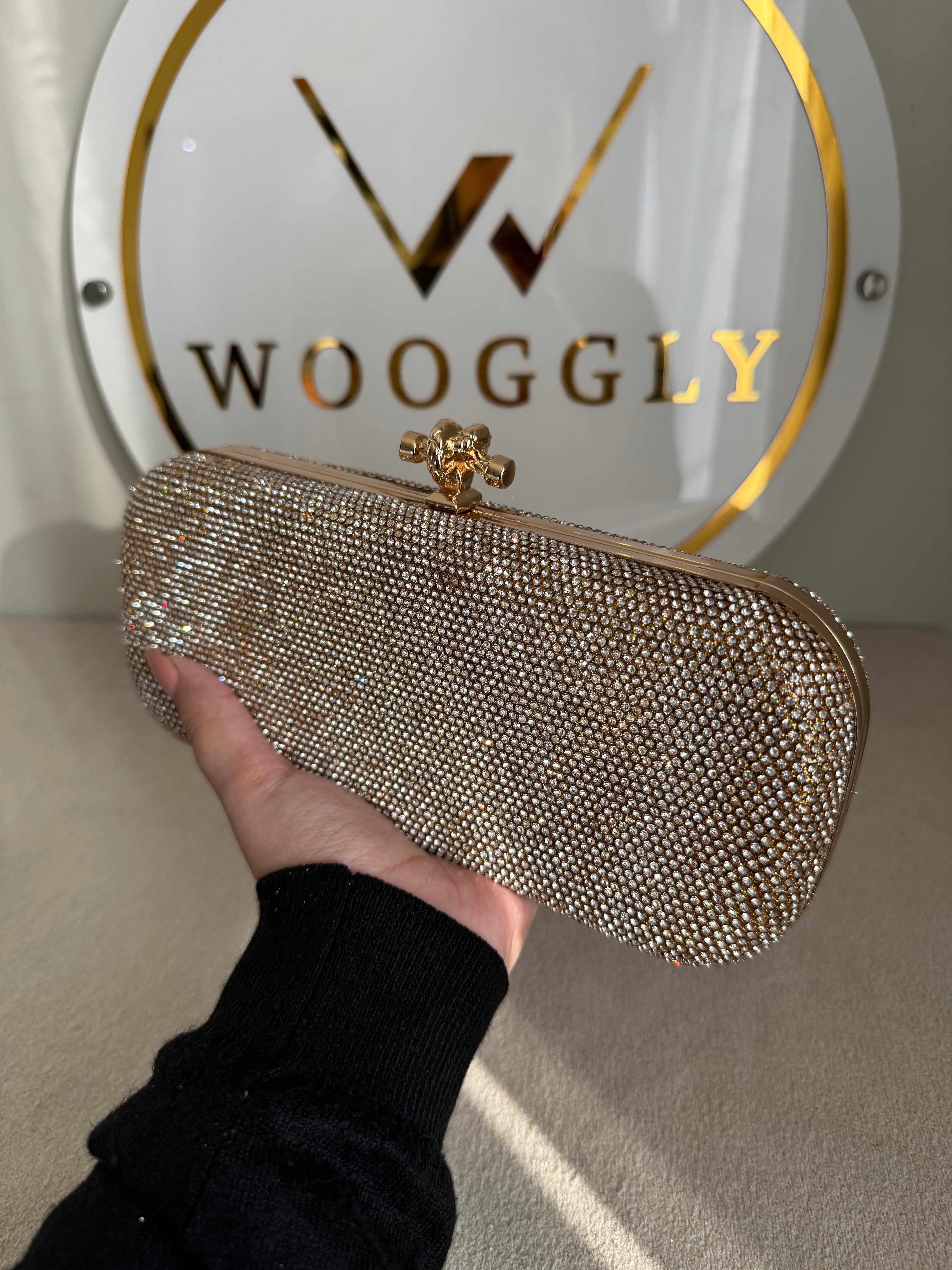 Bottega Shimmer Clutch - Rose Gold with Chain