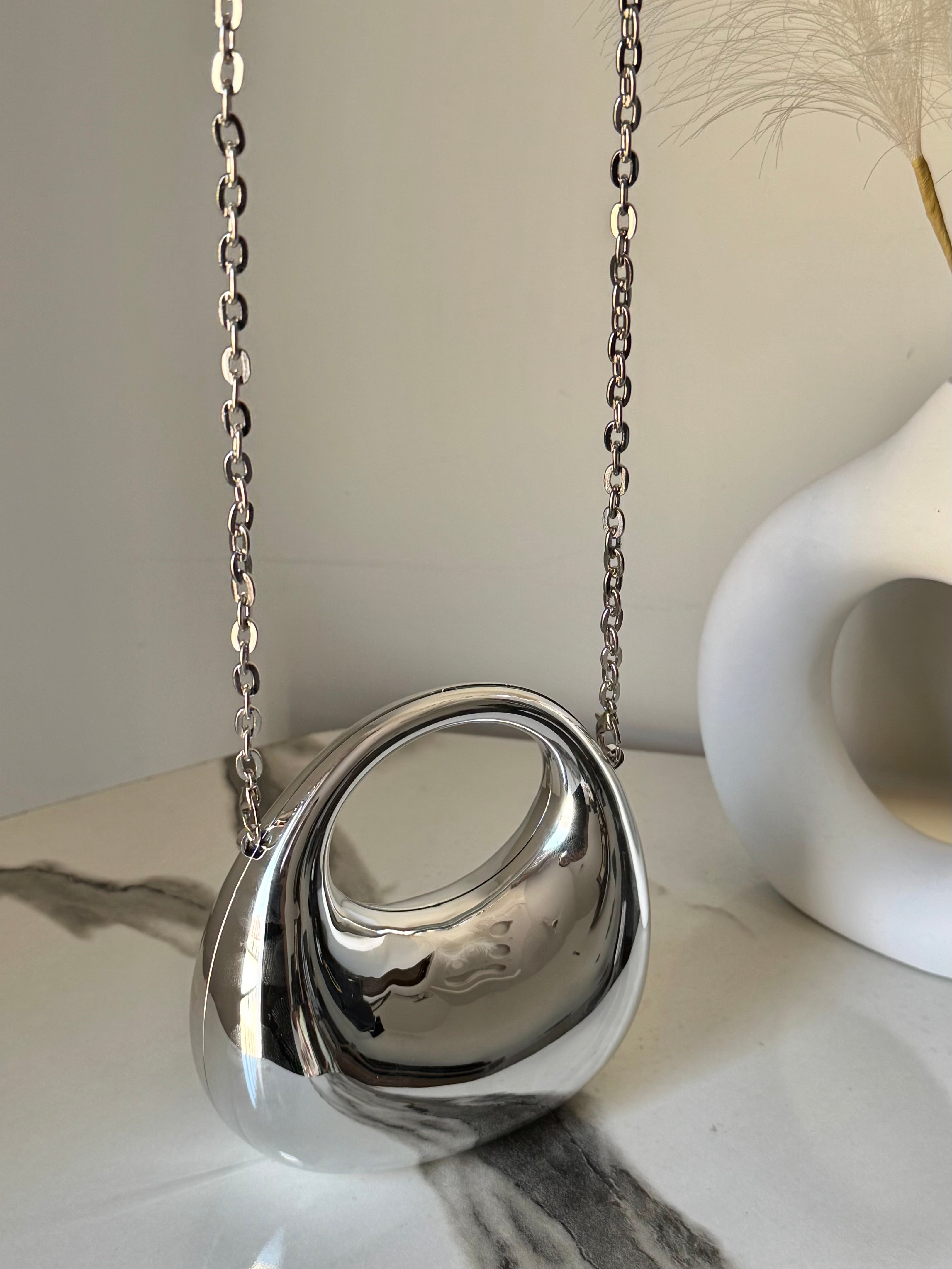 Viral Metallic Clutch with Chain - Mini Silver