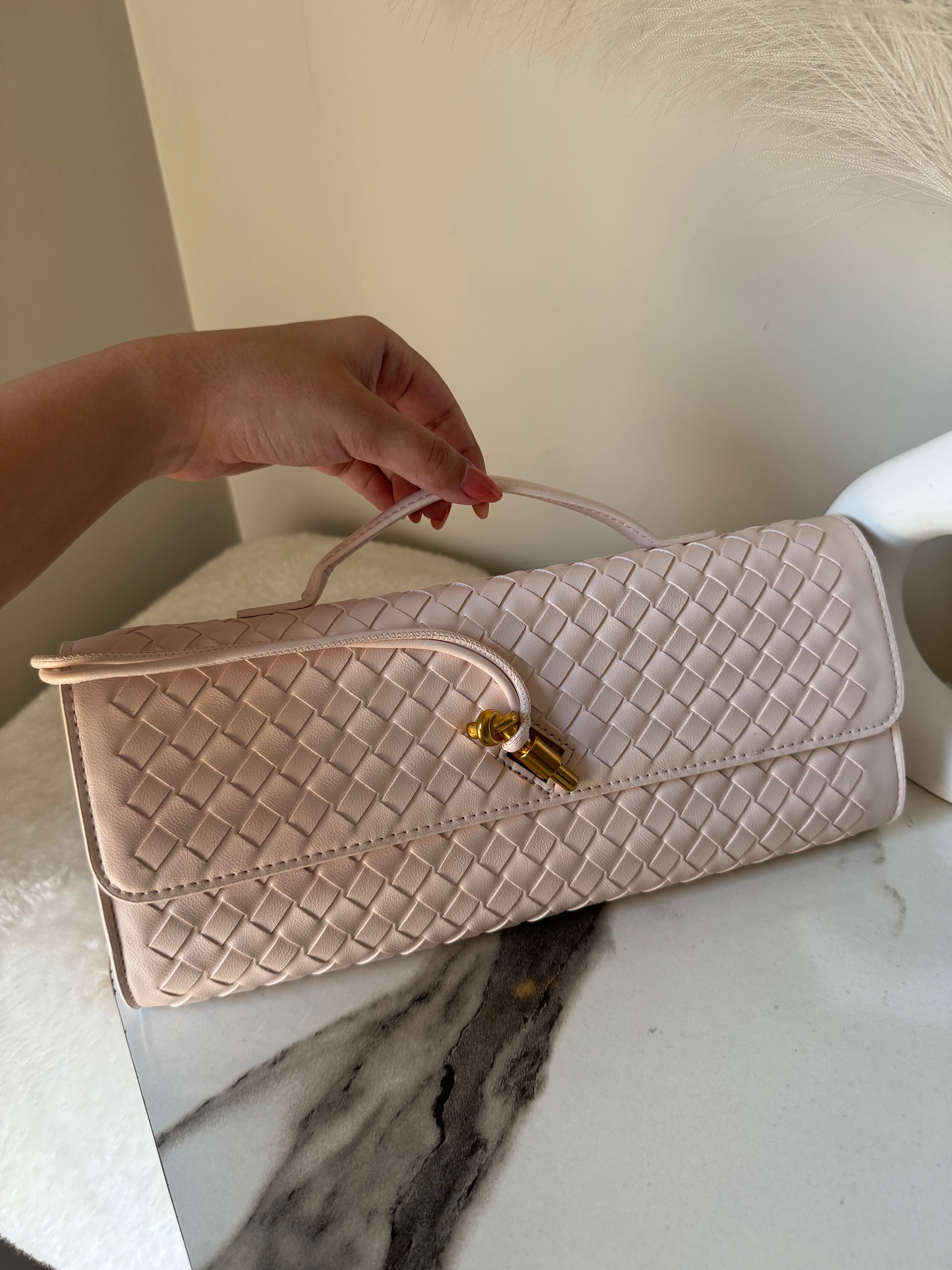 Bottega Veneta Inspired Clutch (Off White) with Long Strap