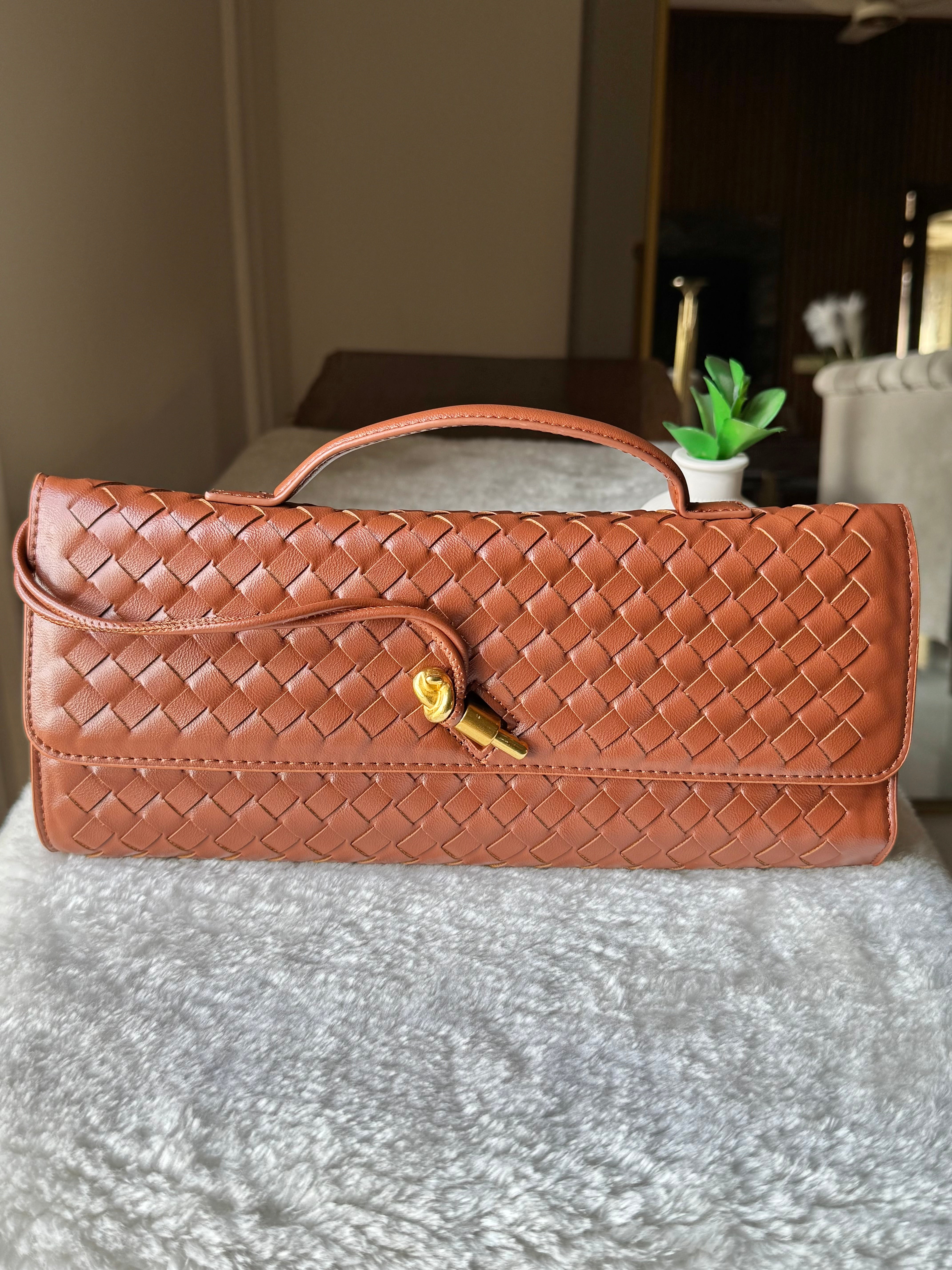 Bottega Veneta Inspired Clutch (Brown) with Long Strap
