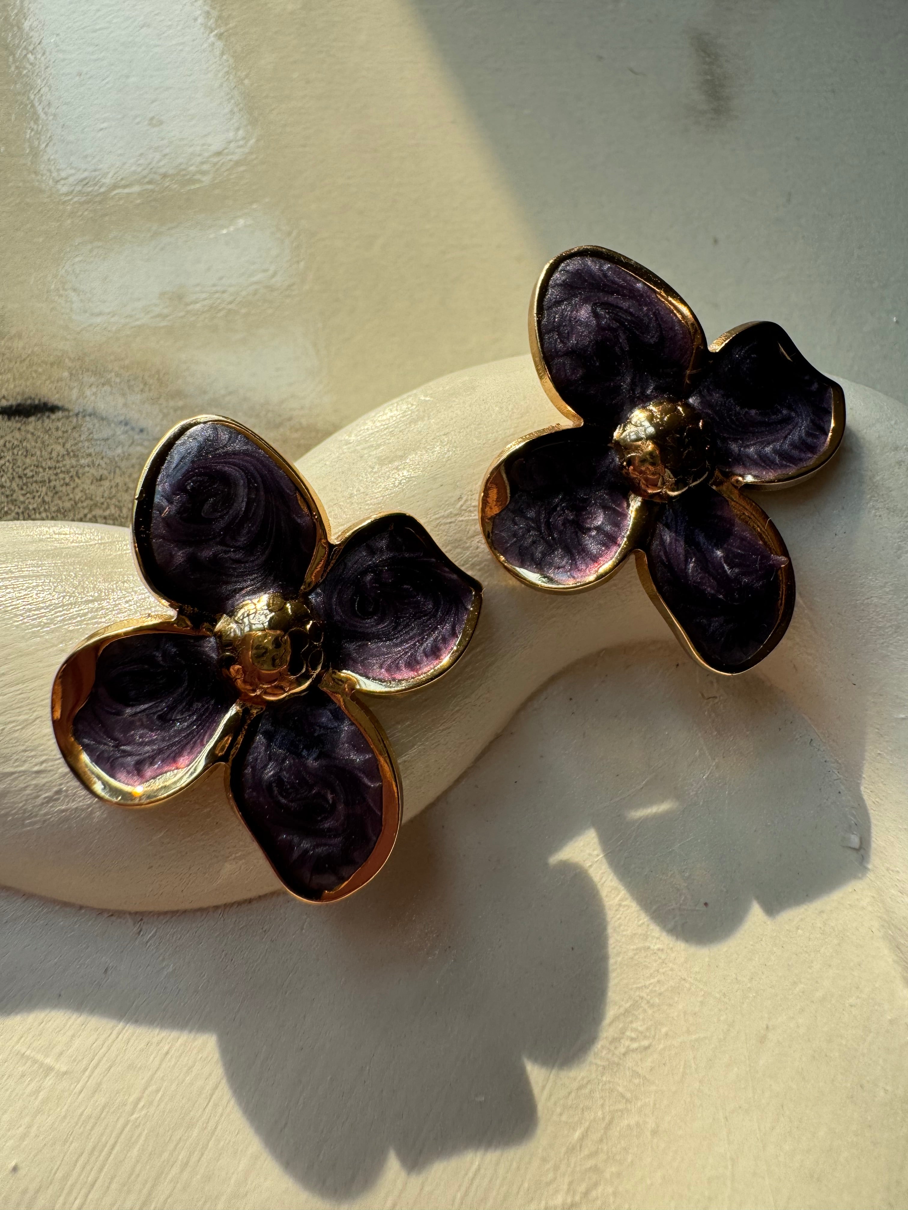 Velvet Floral Studs - Purple & Gold