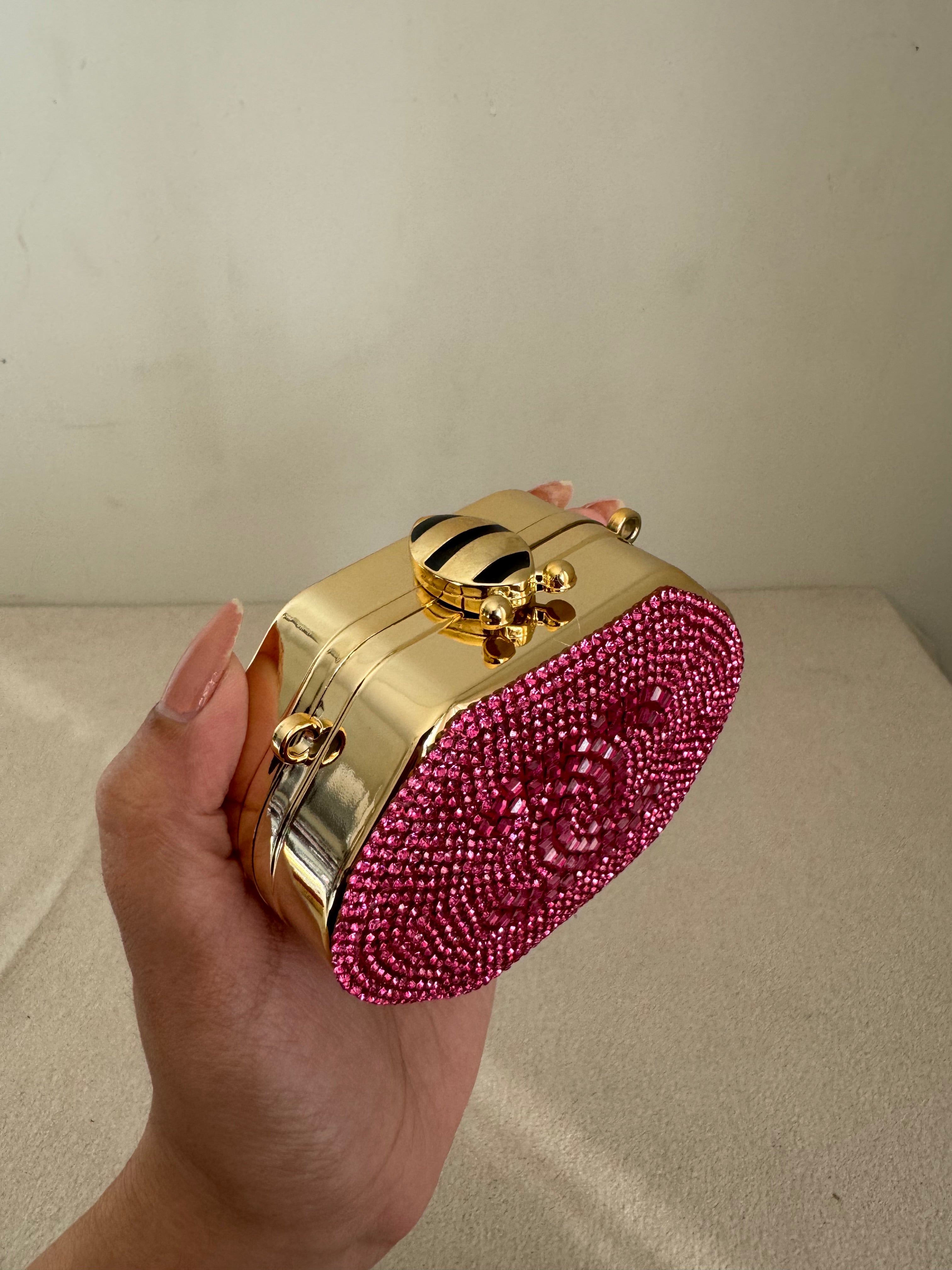 Mini Chanel Embellished Clutch with Chain - Pink & Gold