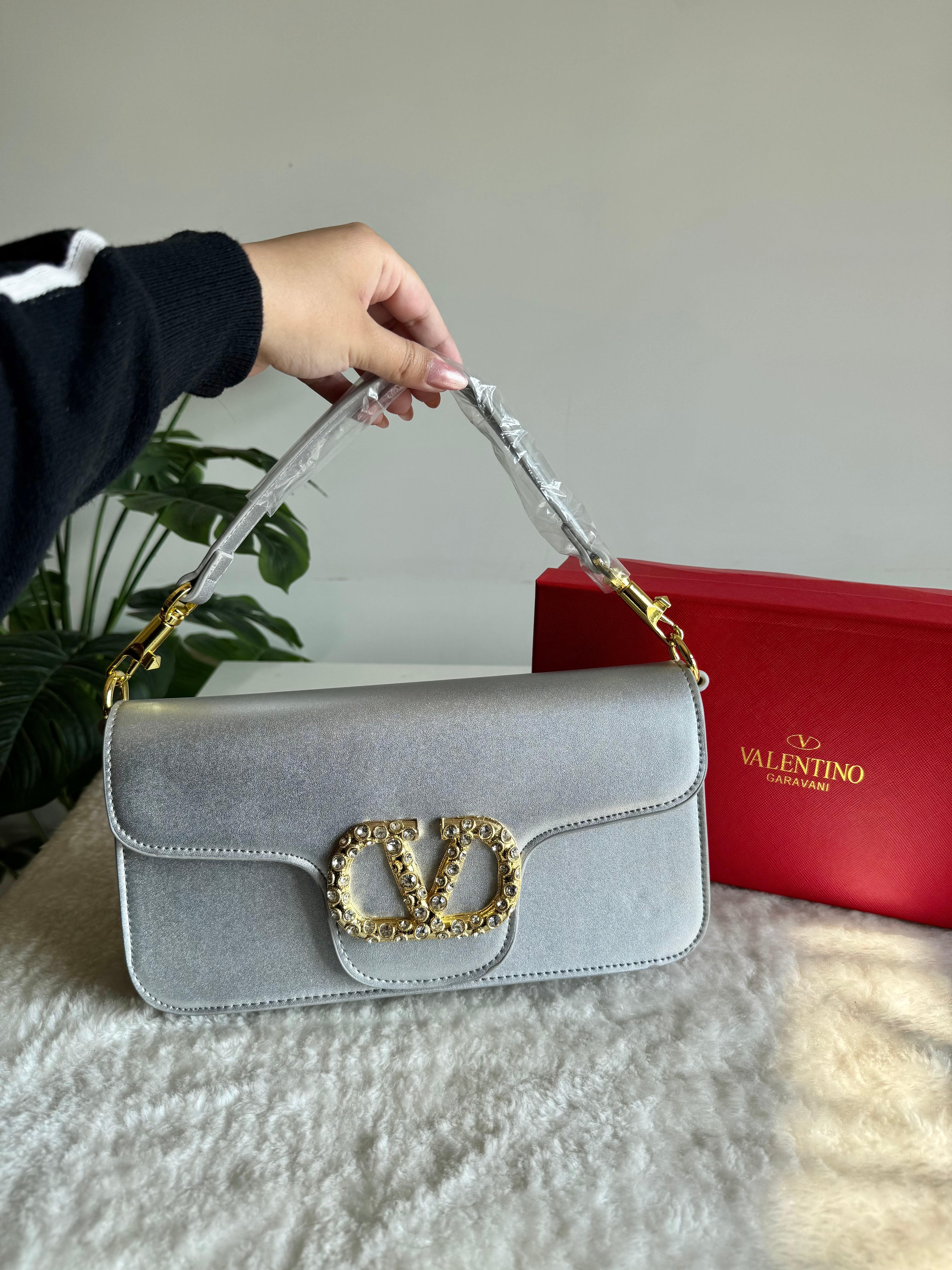 Valentino Loco with Jewel Logo PREMIUM Handbag with Box Packing - Silver