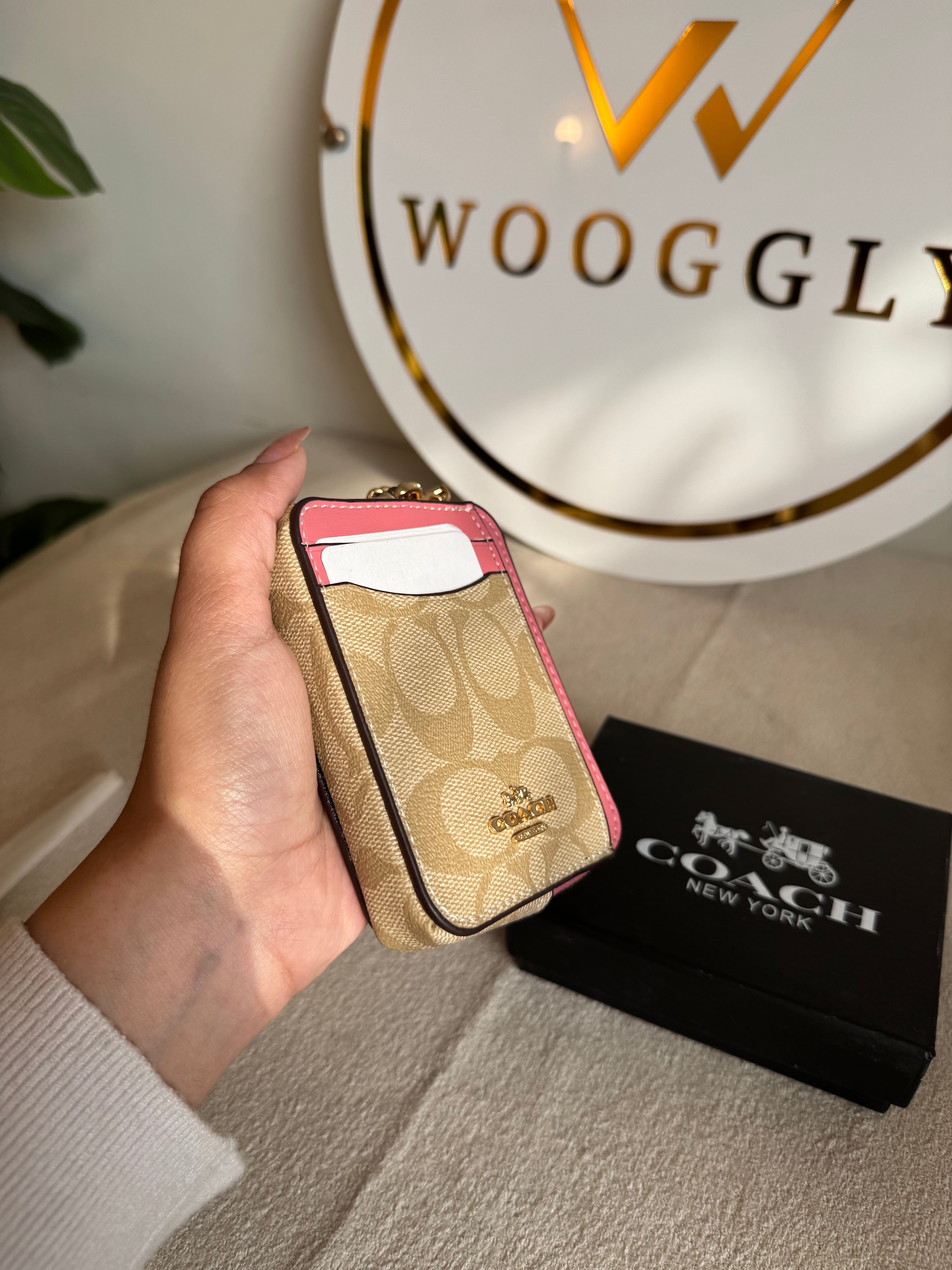 Coach Zip Card Case with Box Packing - Apricot Beige with Pink