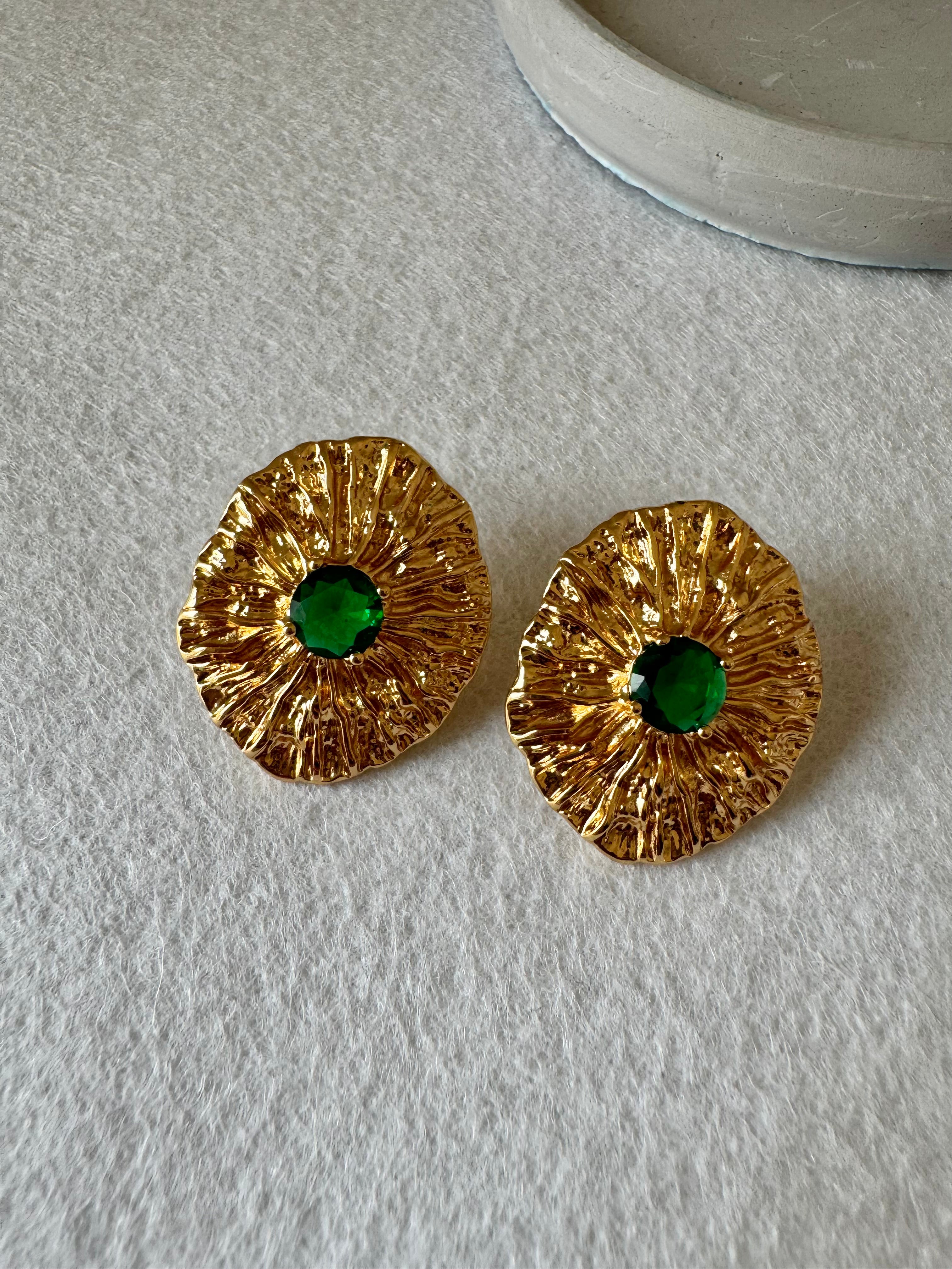 Radiance Studs (Bottle Green & Gold) - 18K Gold Plated