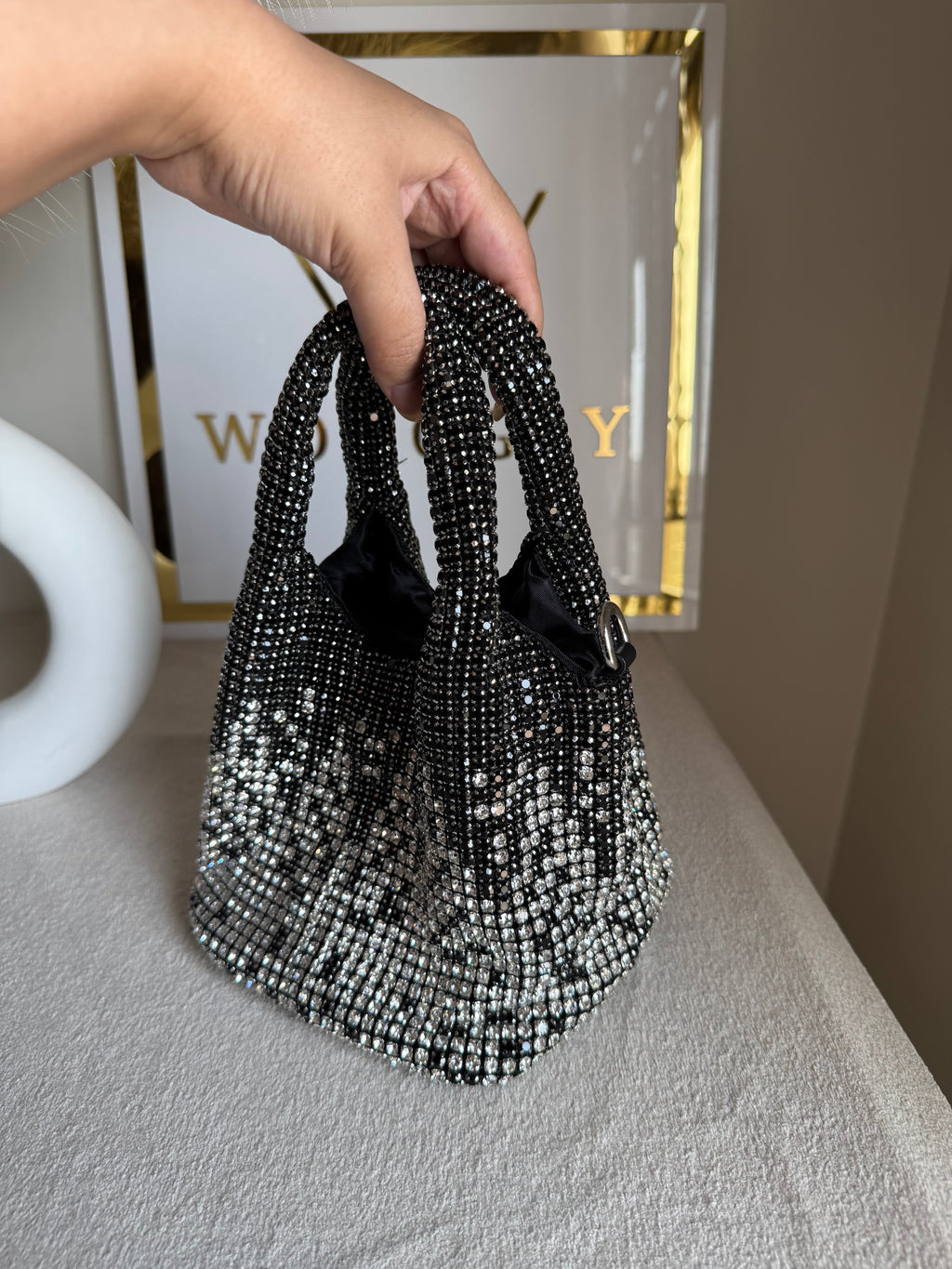 Party Wear Rhinestone Bucket Bag - Black
