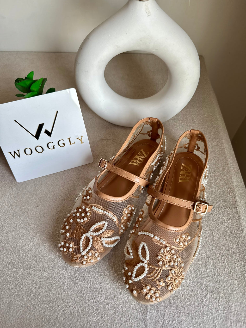 Zara Embroided Net Pumps - Beige