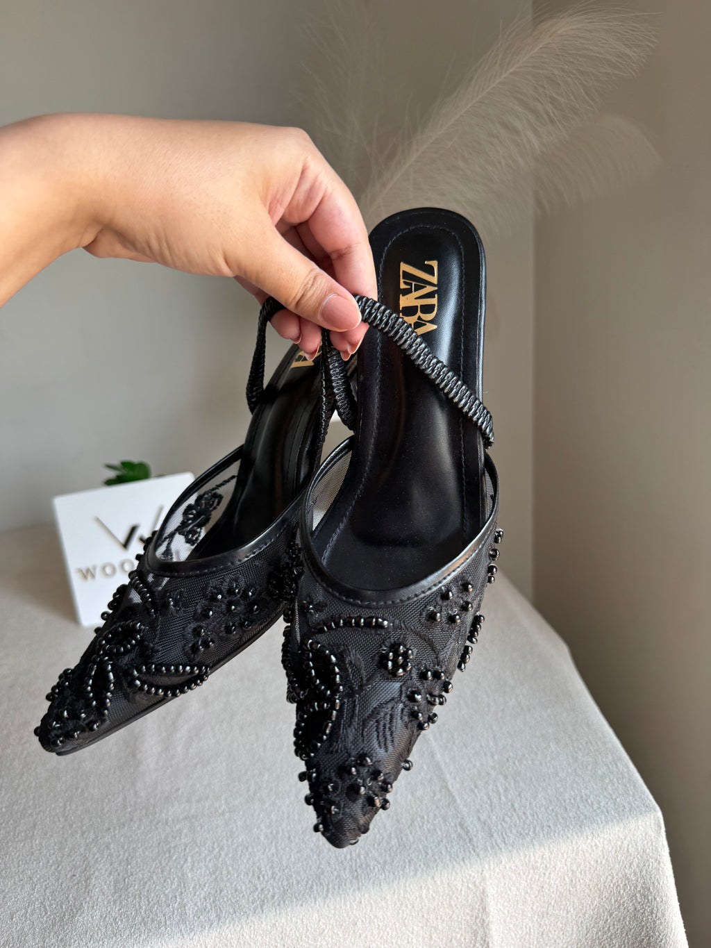 Zara Embroidered Net Heels - Black
