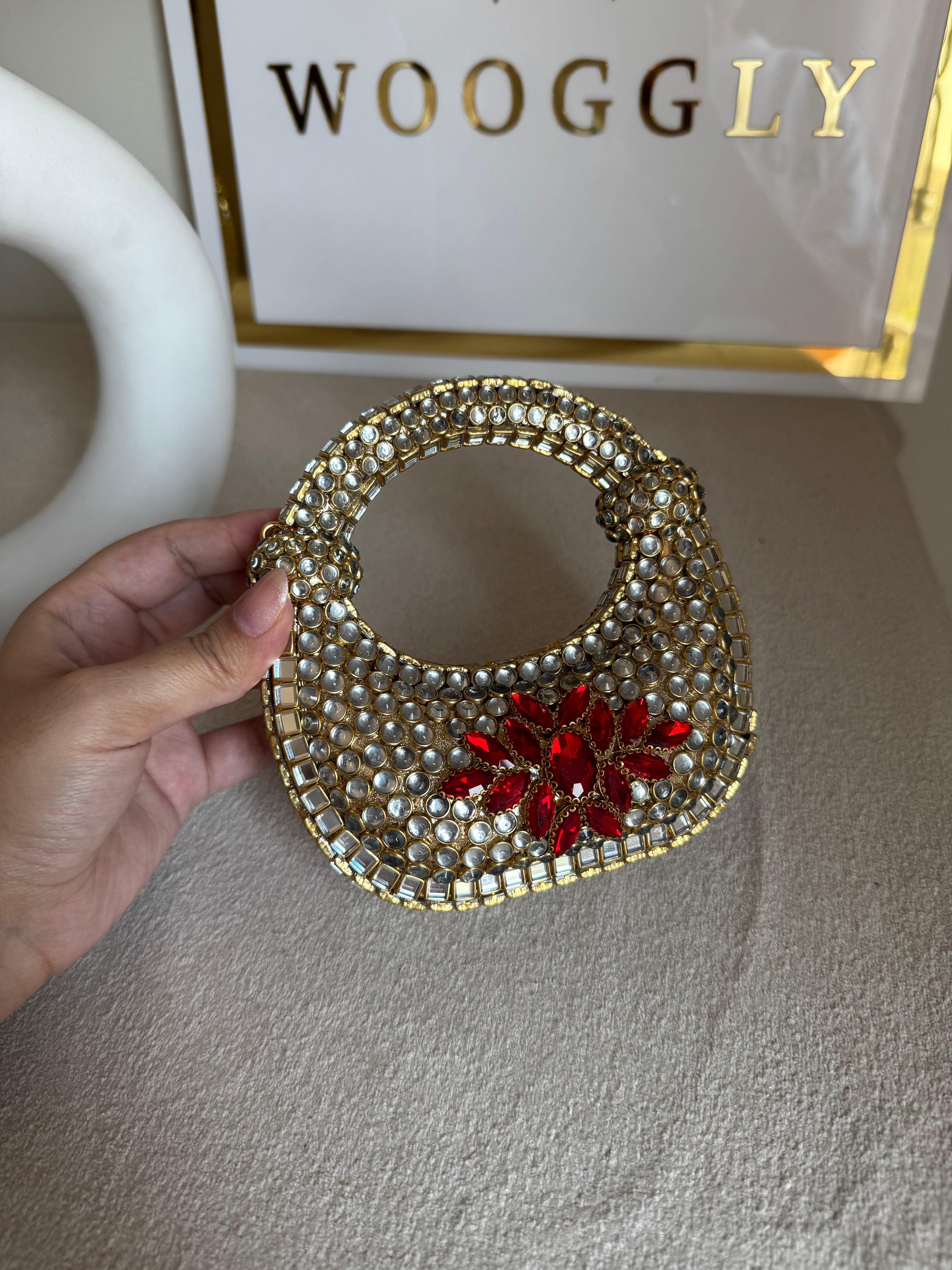Kundan Classic Moon Clutch with Red Stone Embellishment