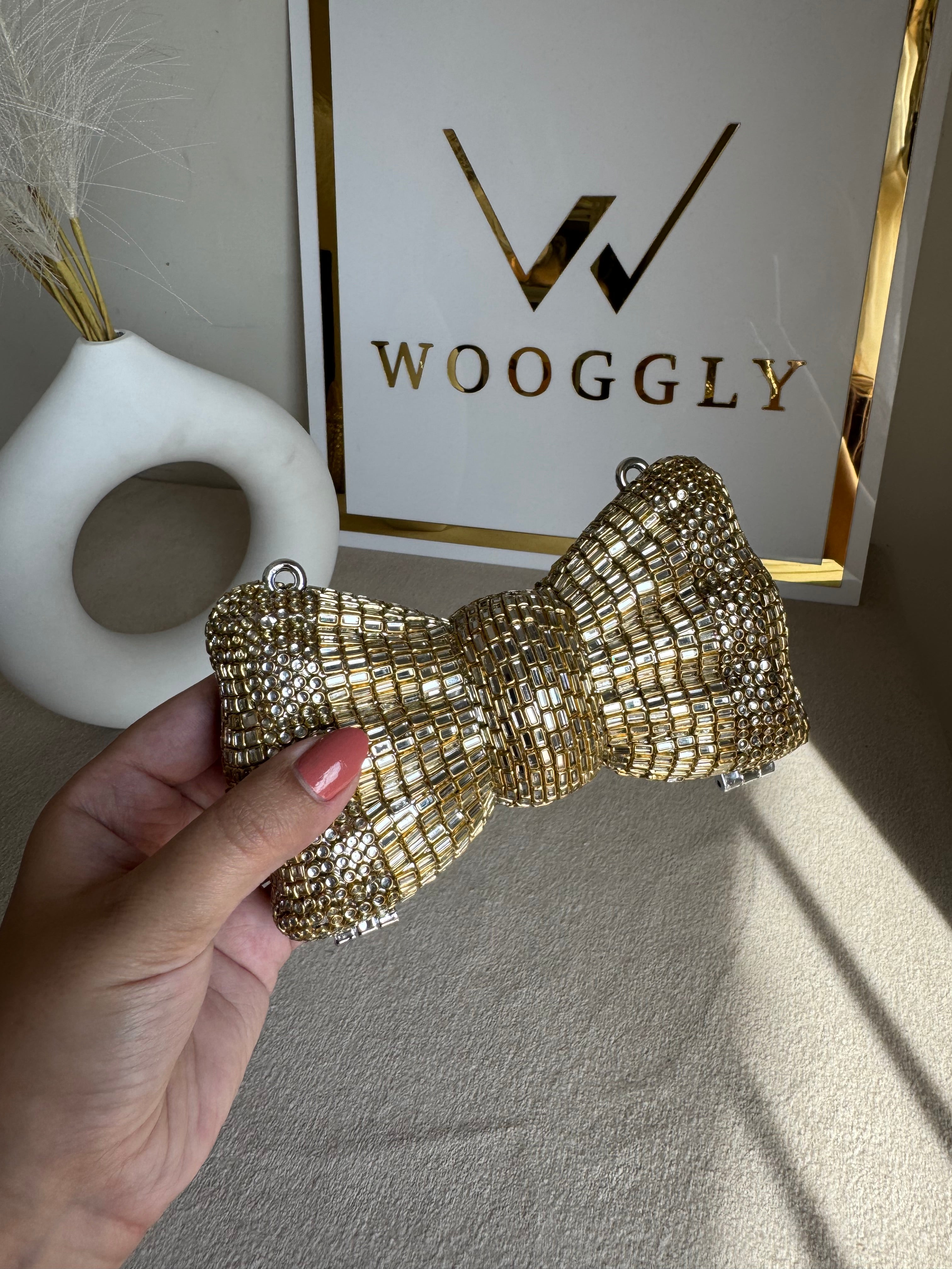 Kundan Bow Clutch - Gold with Chain