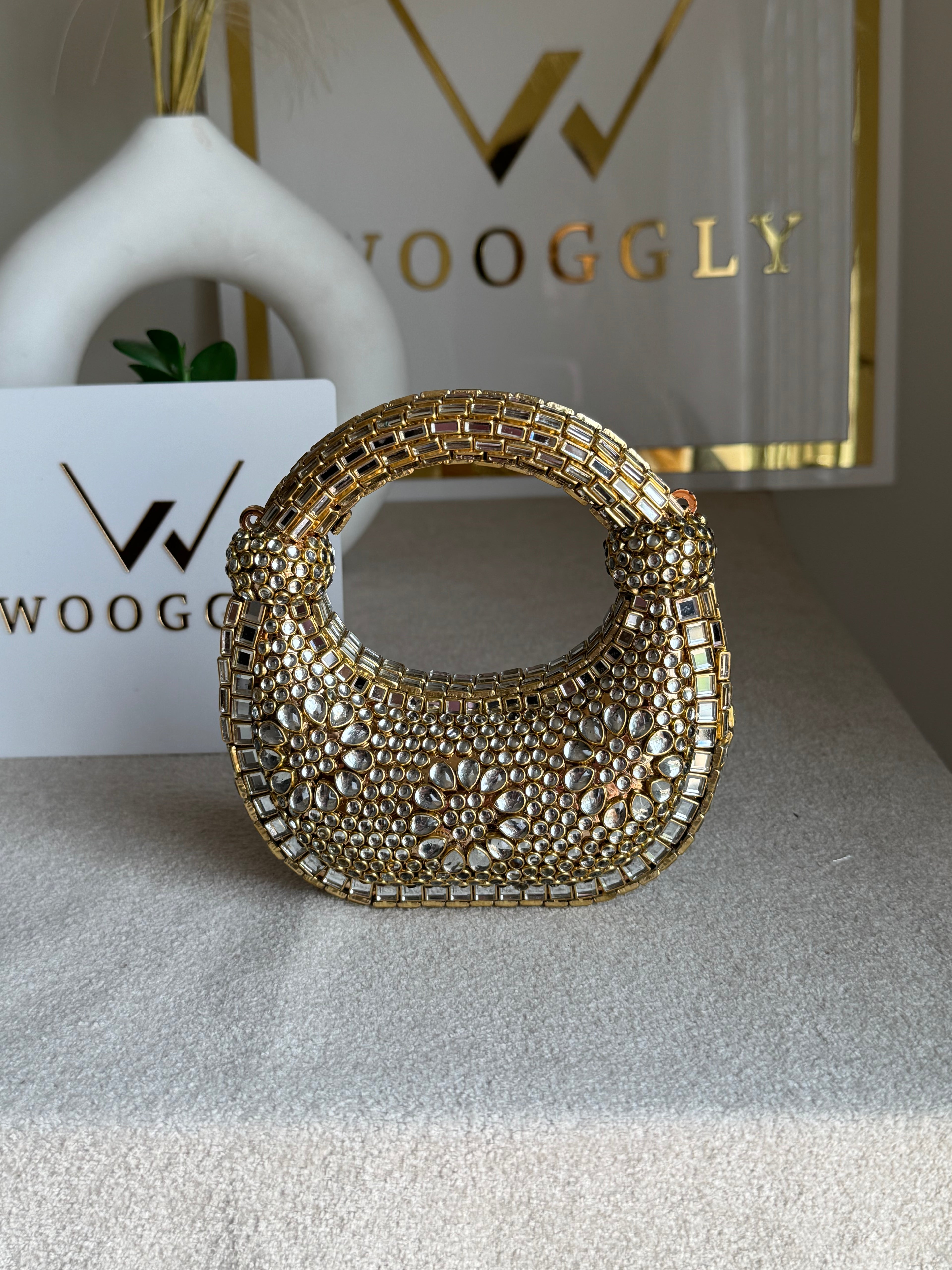 Kundan Classic Moon Clutch DESIGN 2 - Gold with Chain
