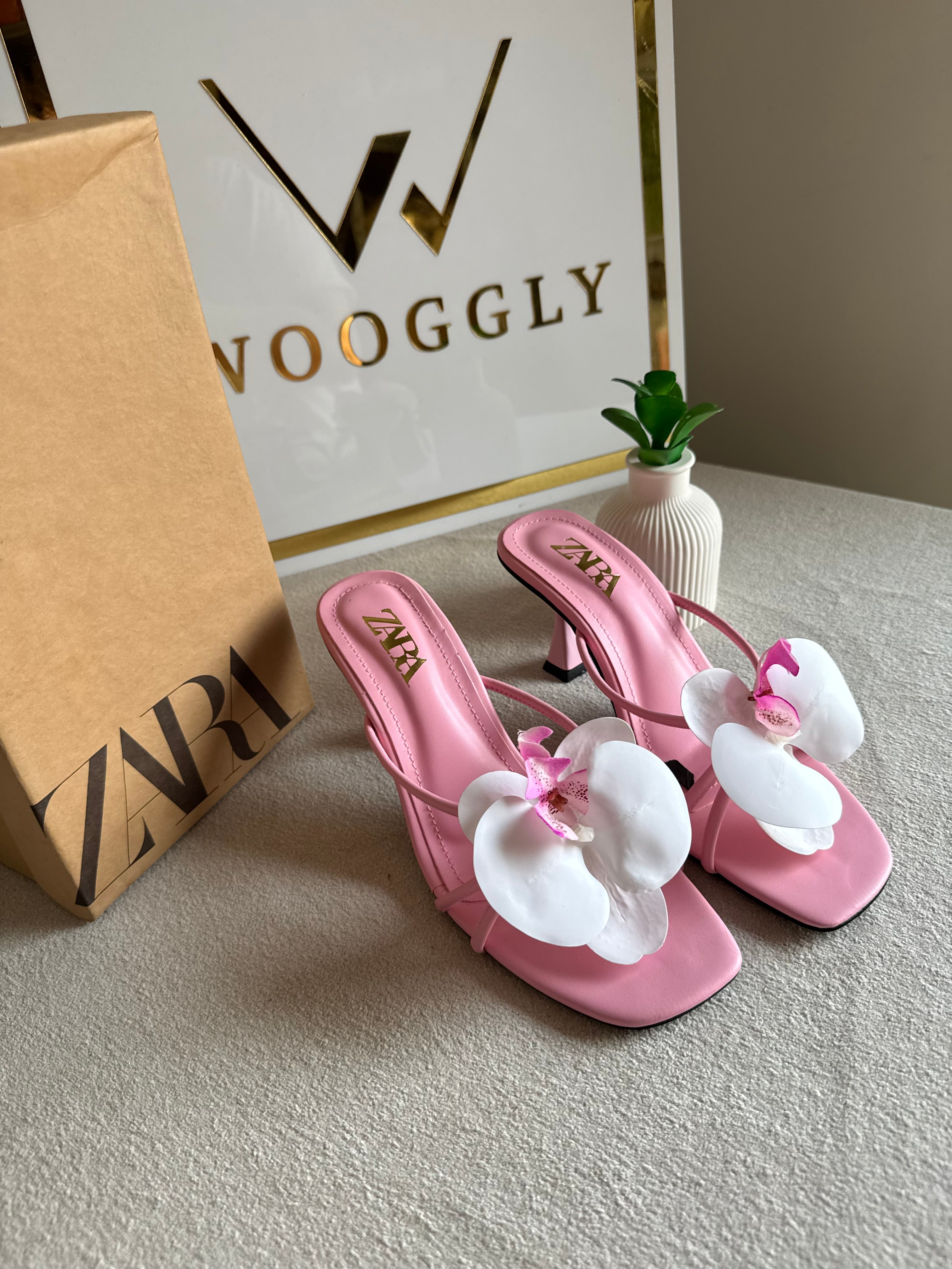 Zara Flower Heels BABY PINK - with Brand Box