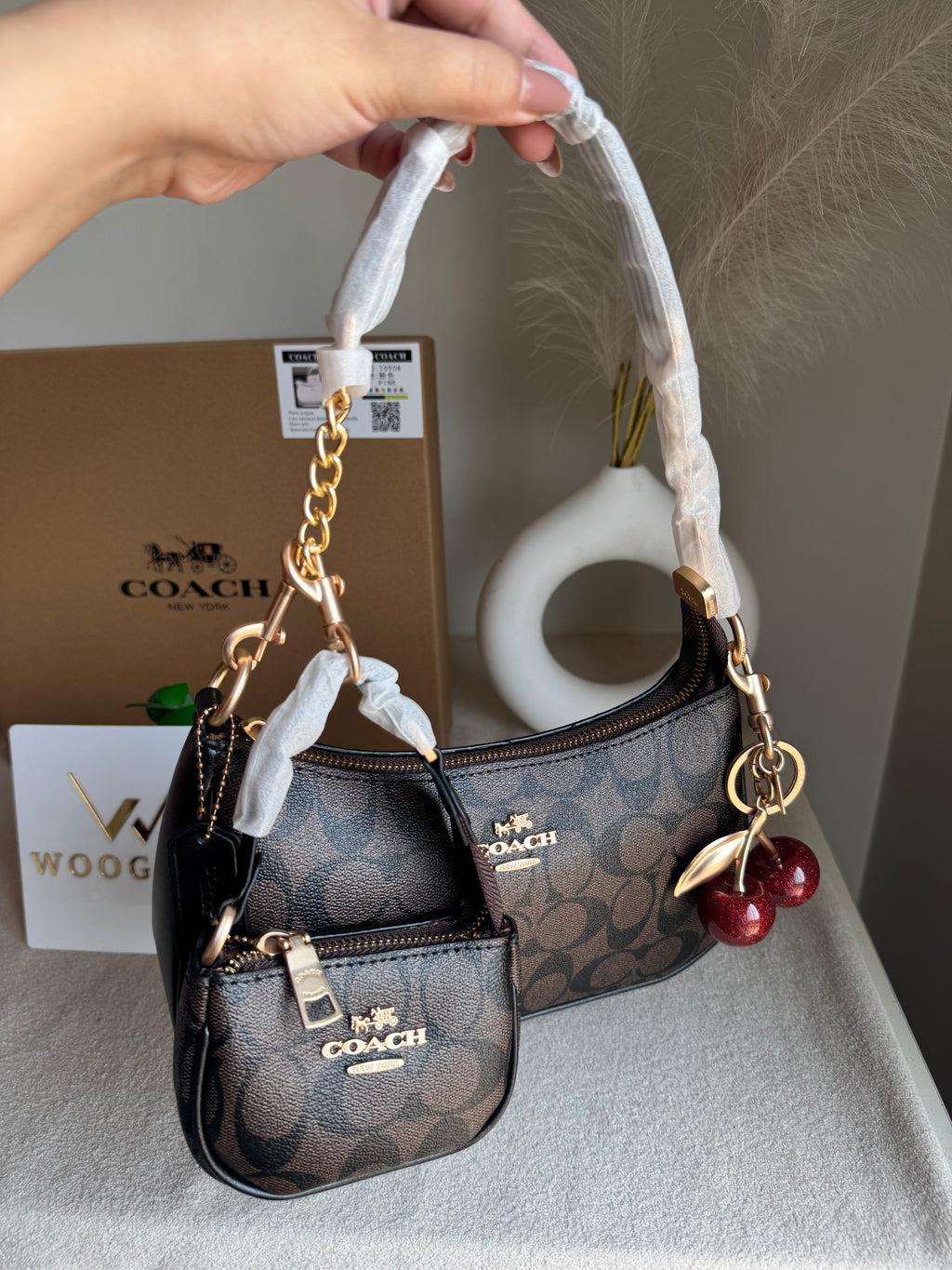 COACH Teri Gift Box with Baby Teri Charm & Coach Cherry Charm - Signature Brown