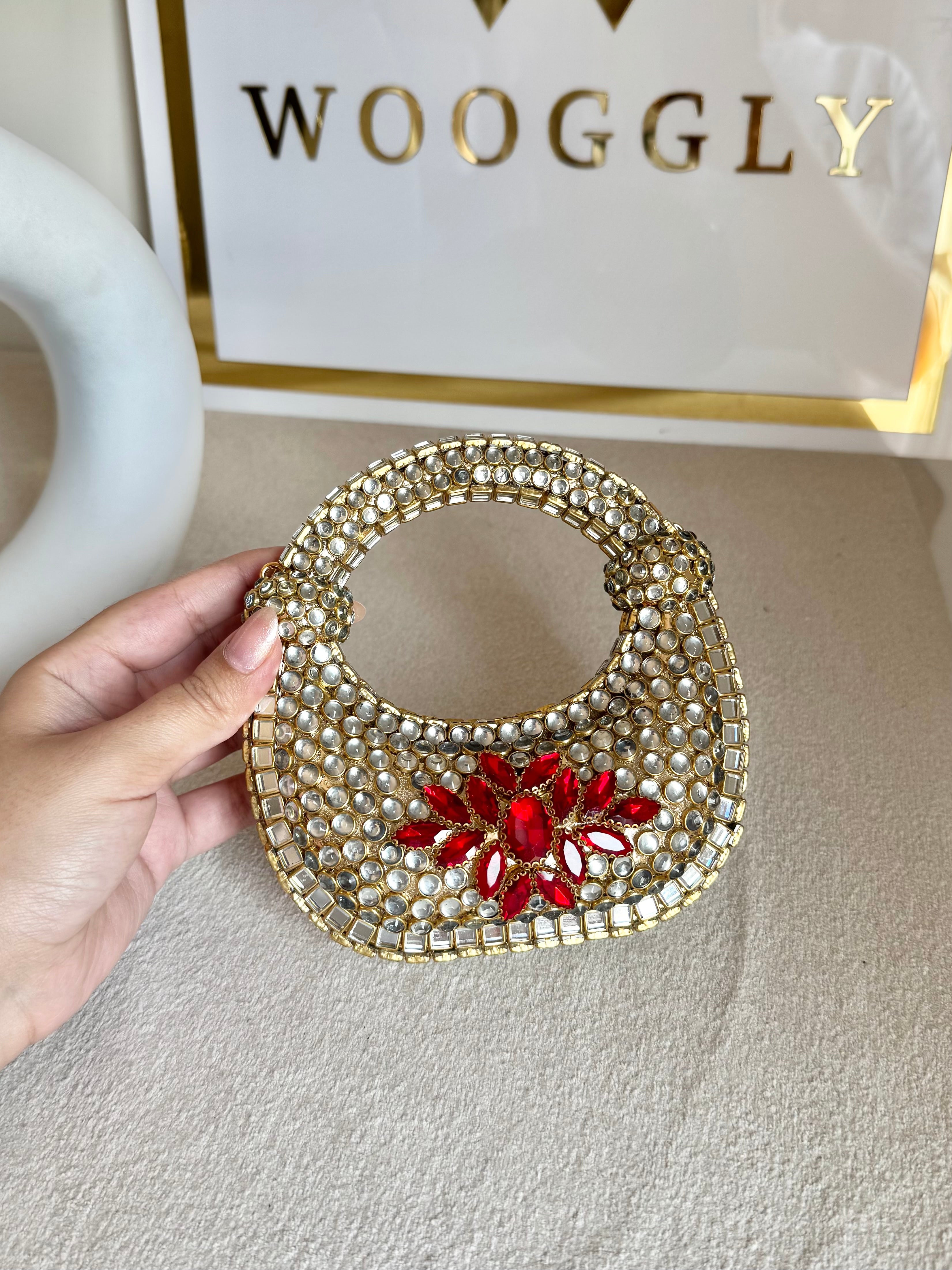 Kundan Classic Moon Clutch with Red Stone Embellishment