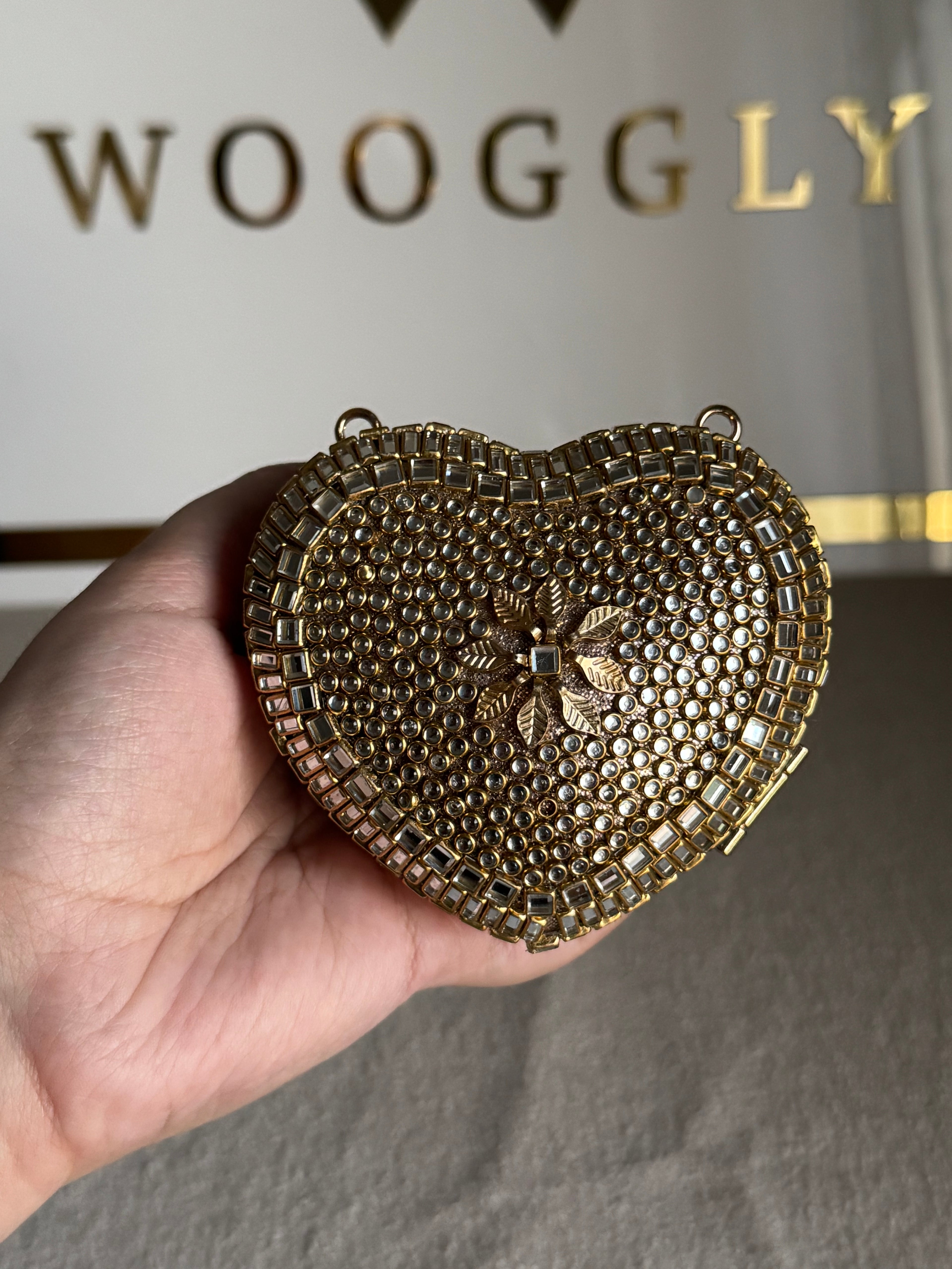 Special Edition Kundan Heart Clutch - Gold with Chain