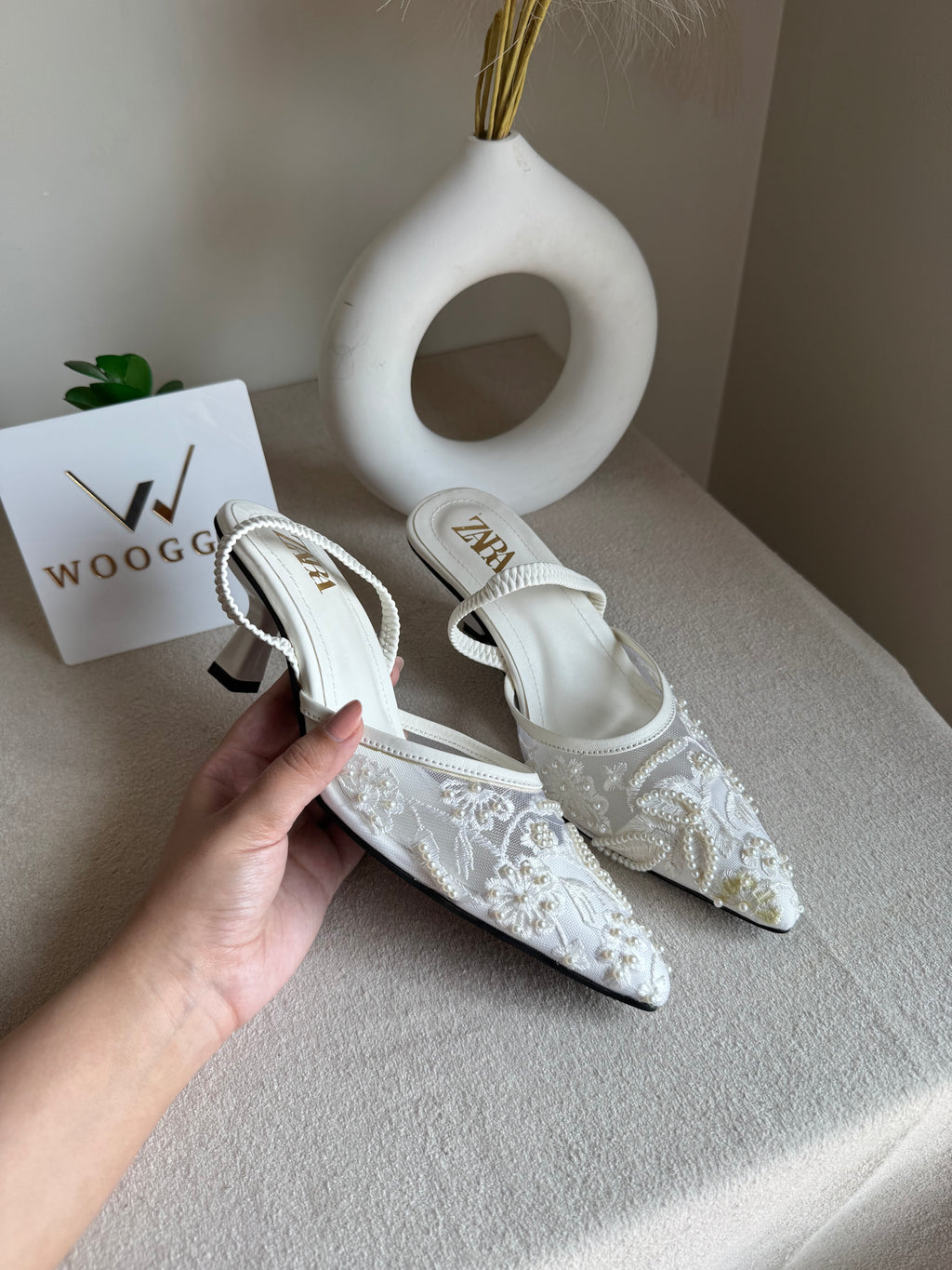Zara Embroidered Net Heels - White
