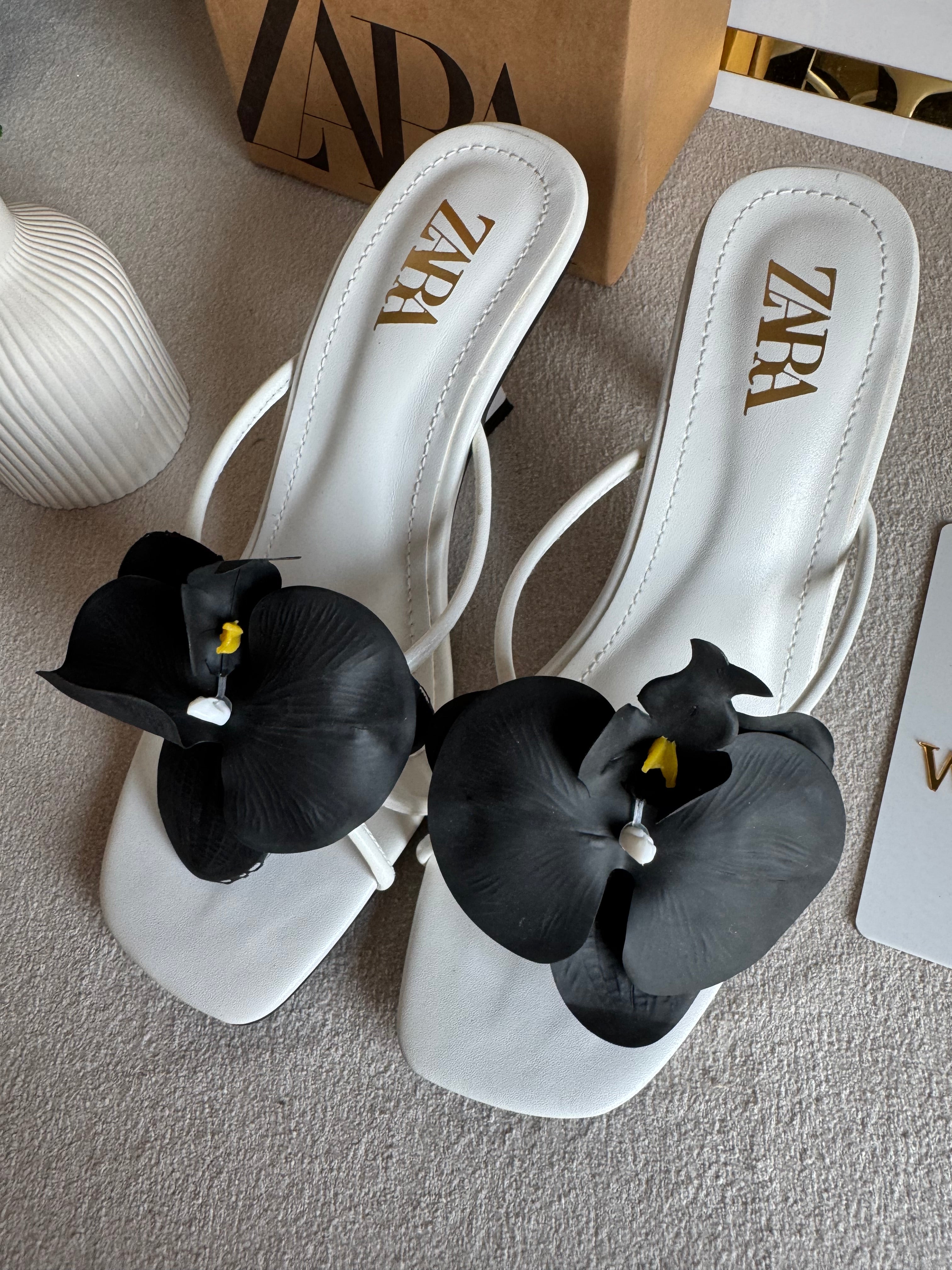 Zara Flower Heels WHITE WITH BLACK with Brand Box