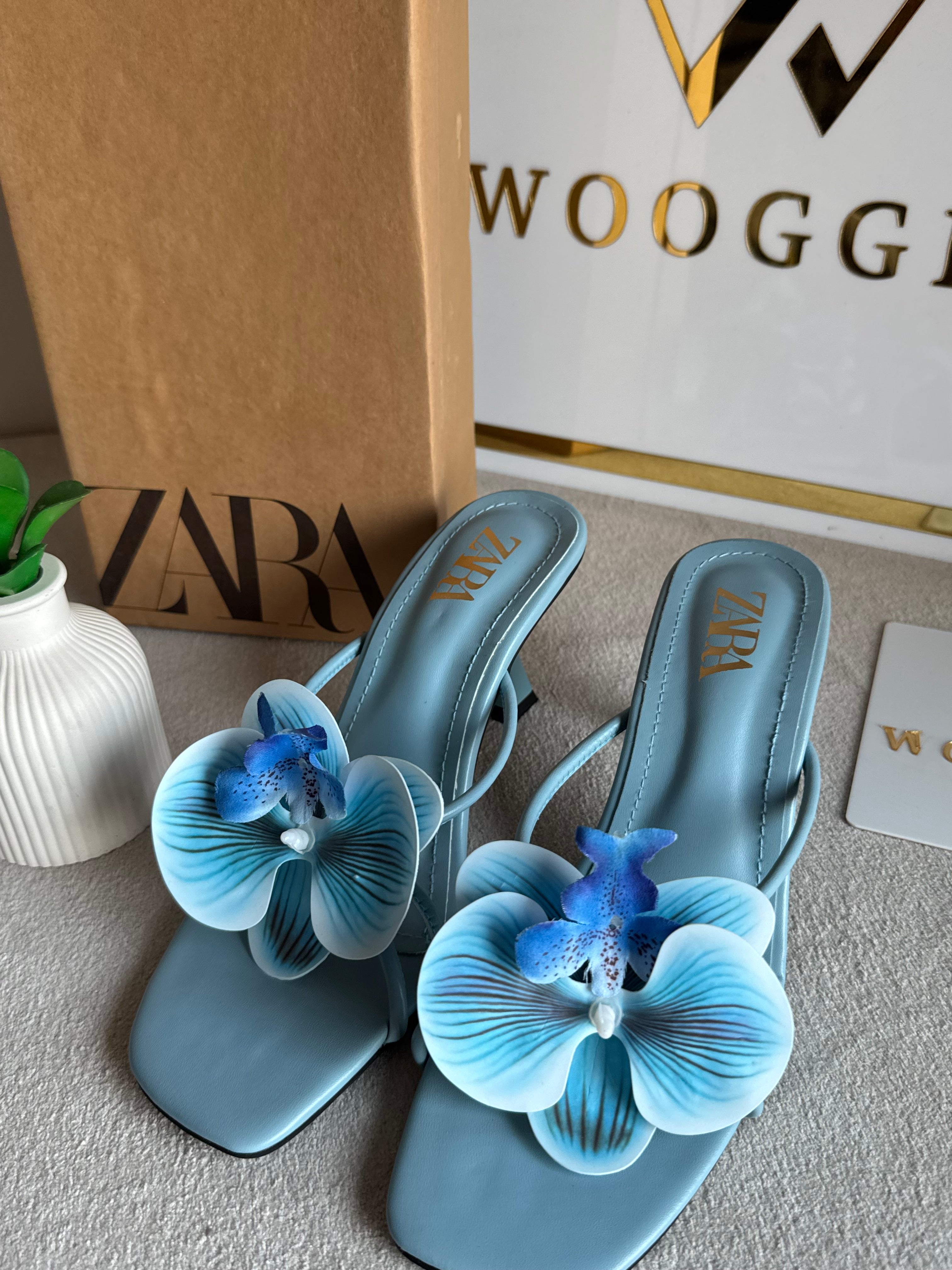 Zara Flower Heels BABY BLUE- with Brand Box