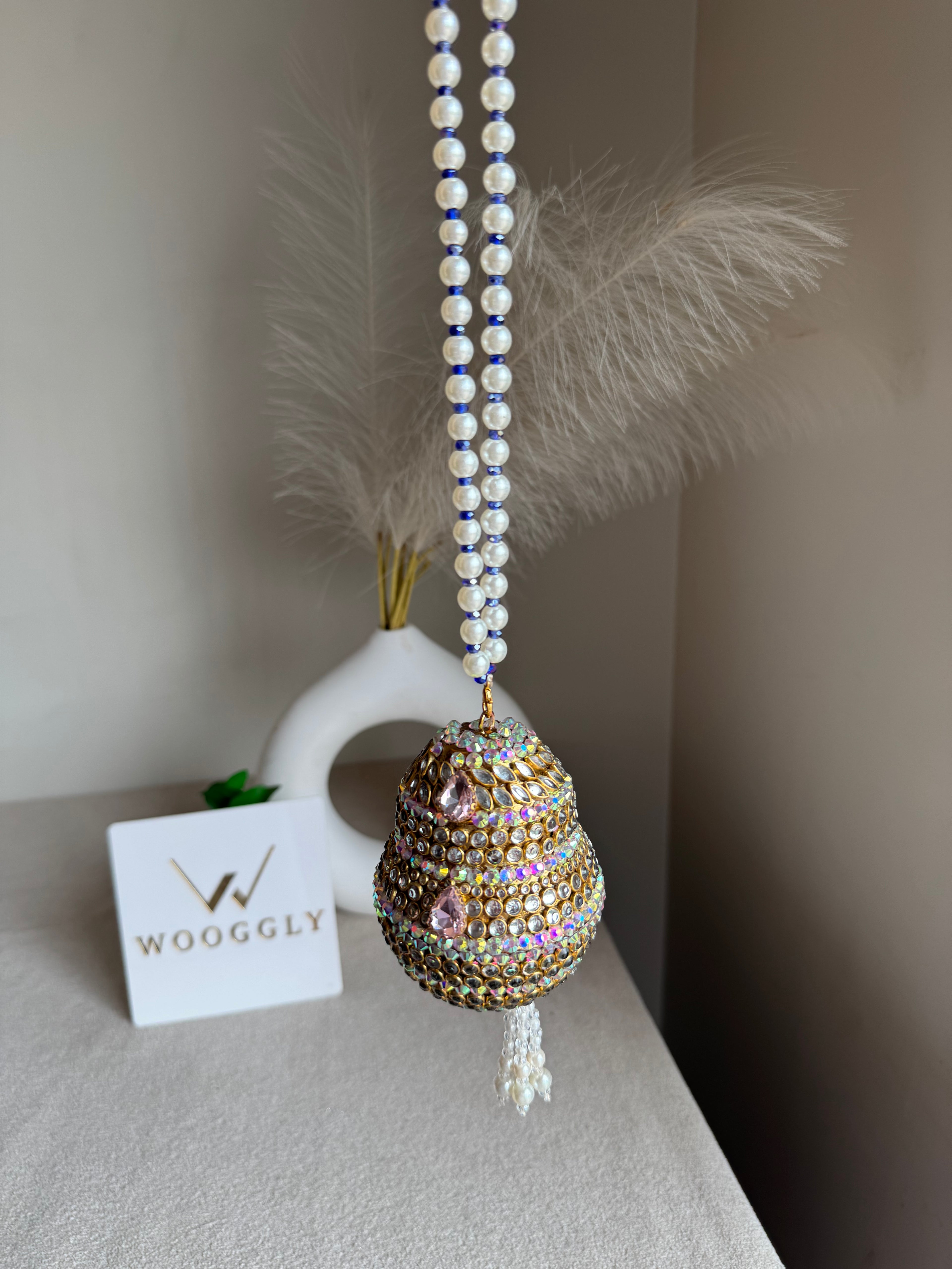 Turkish Potli - Pink Stone with Pearl/Blue Chain