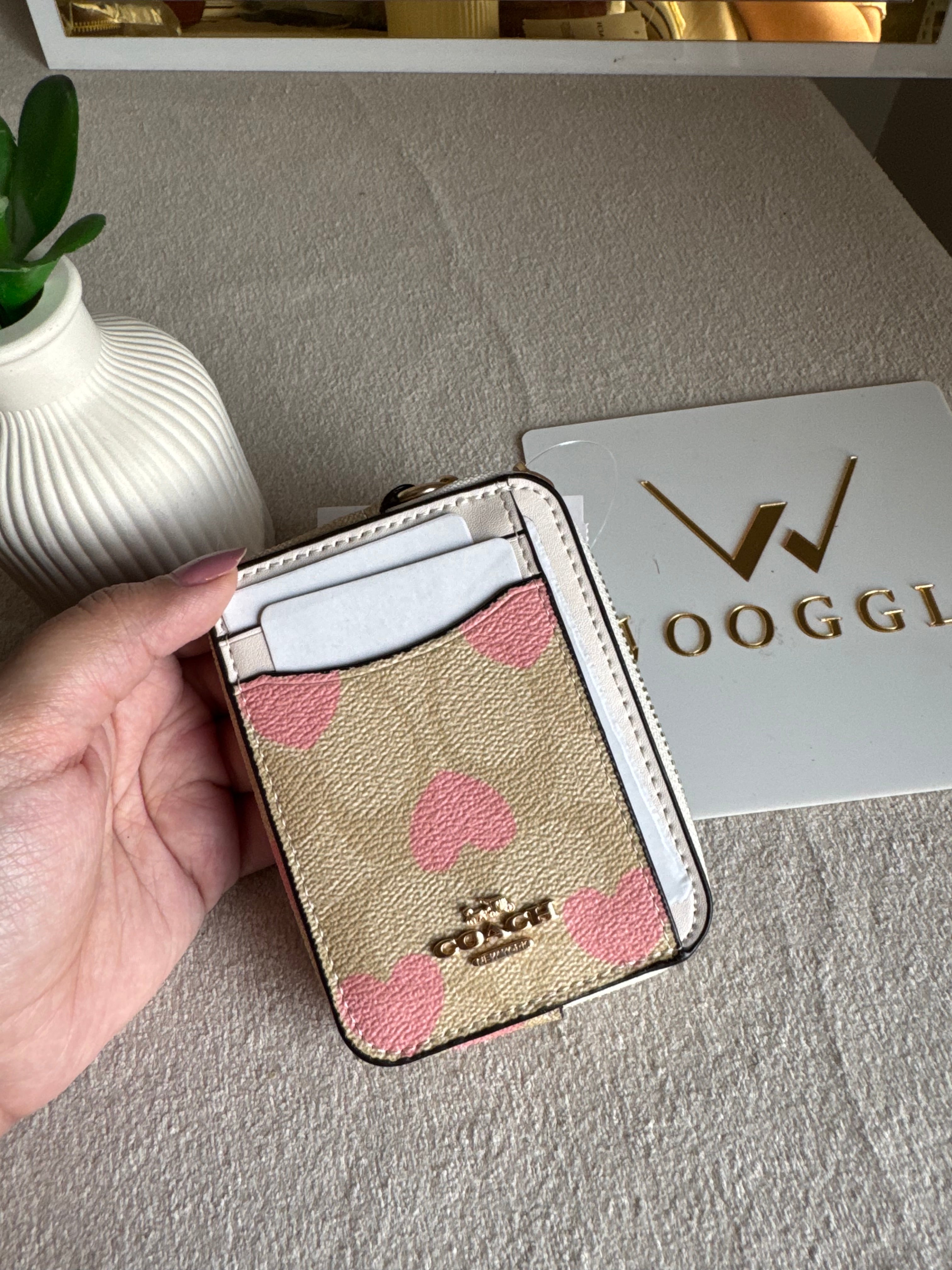 Coach Zip Card Case - Beige with Hearts