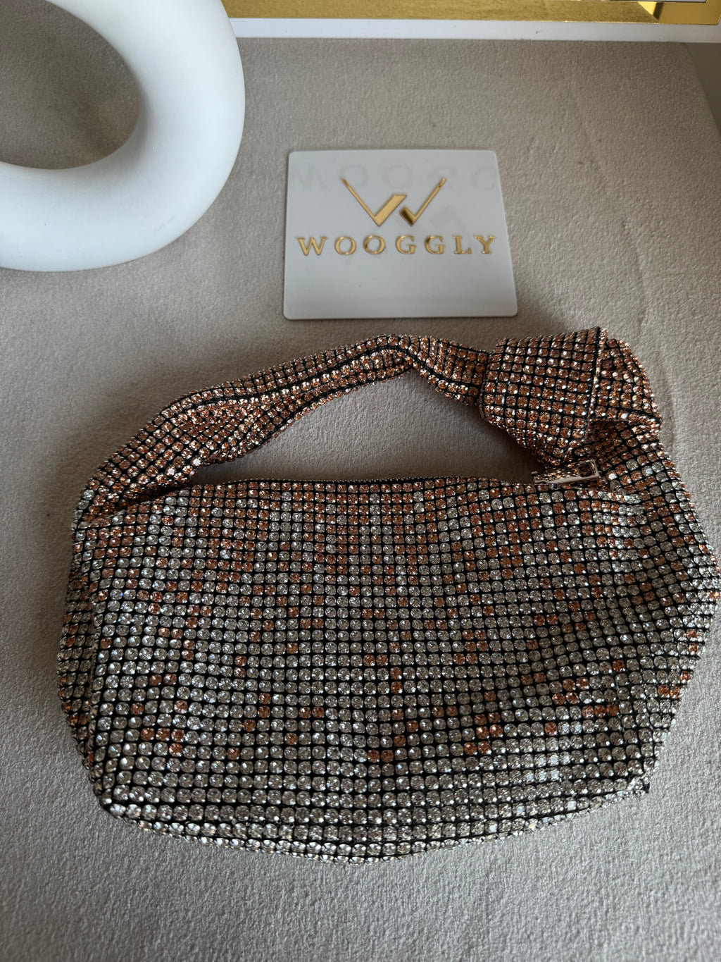 Party Wear Rhinestone Bow Bag - Rose Gold with Silver