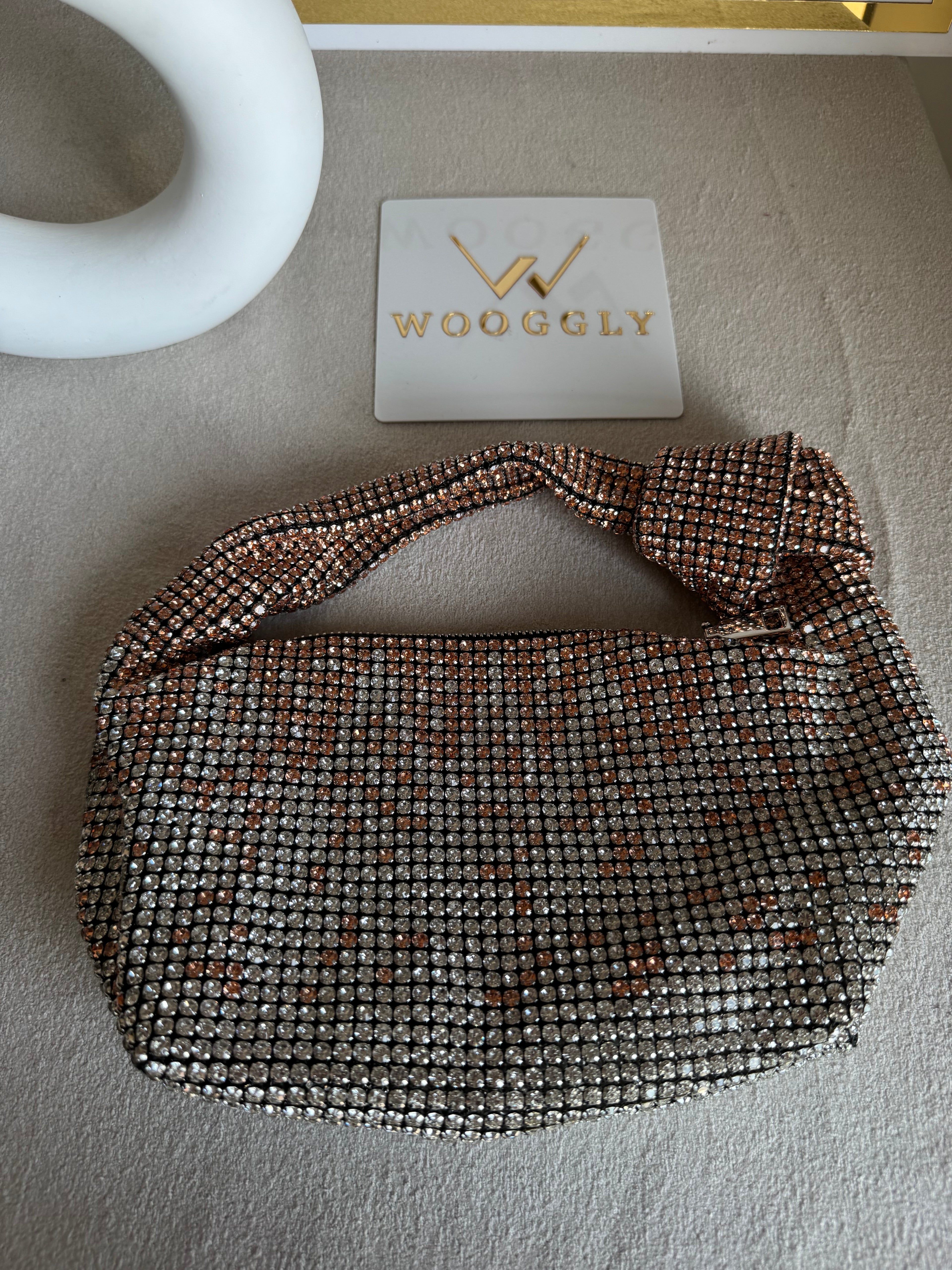 Party Wear Rhinestone Bow Bag - Rose Gold with Silver