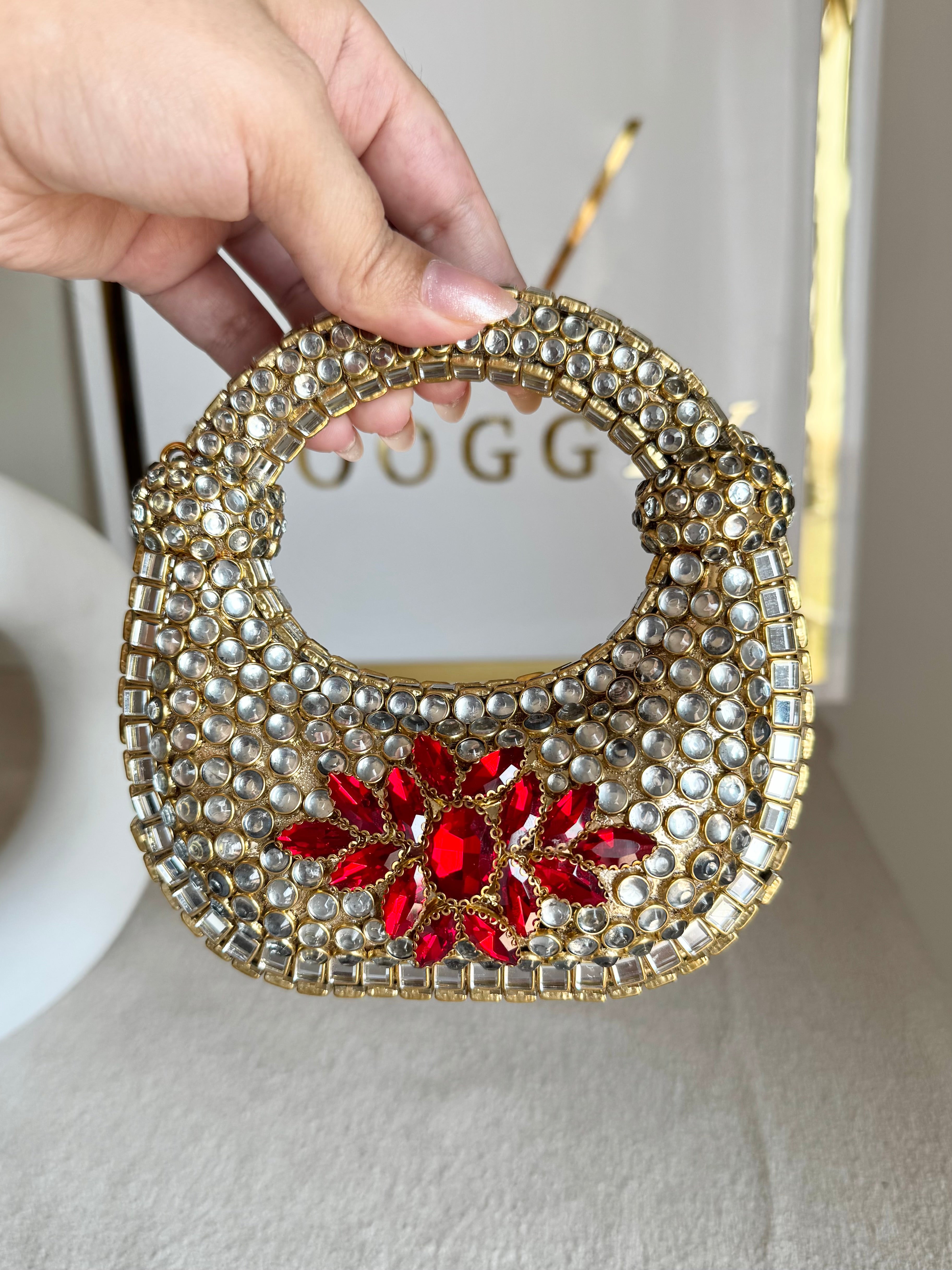 Kundan Classic Moon Clutch with Red Stone Embellishment