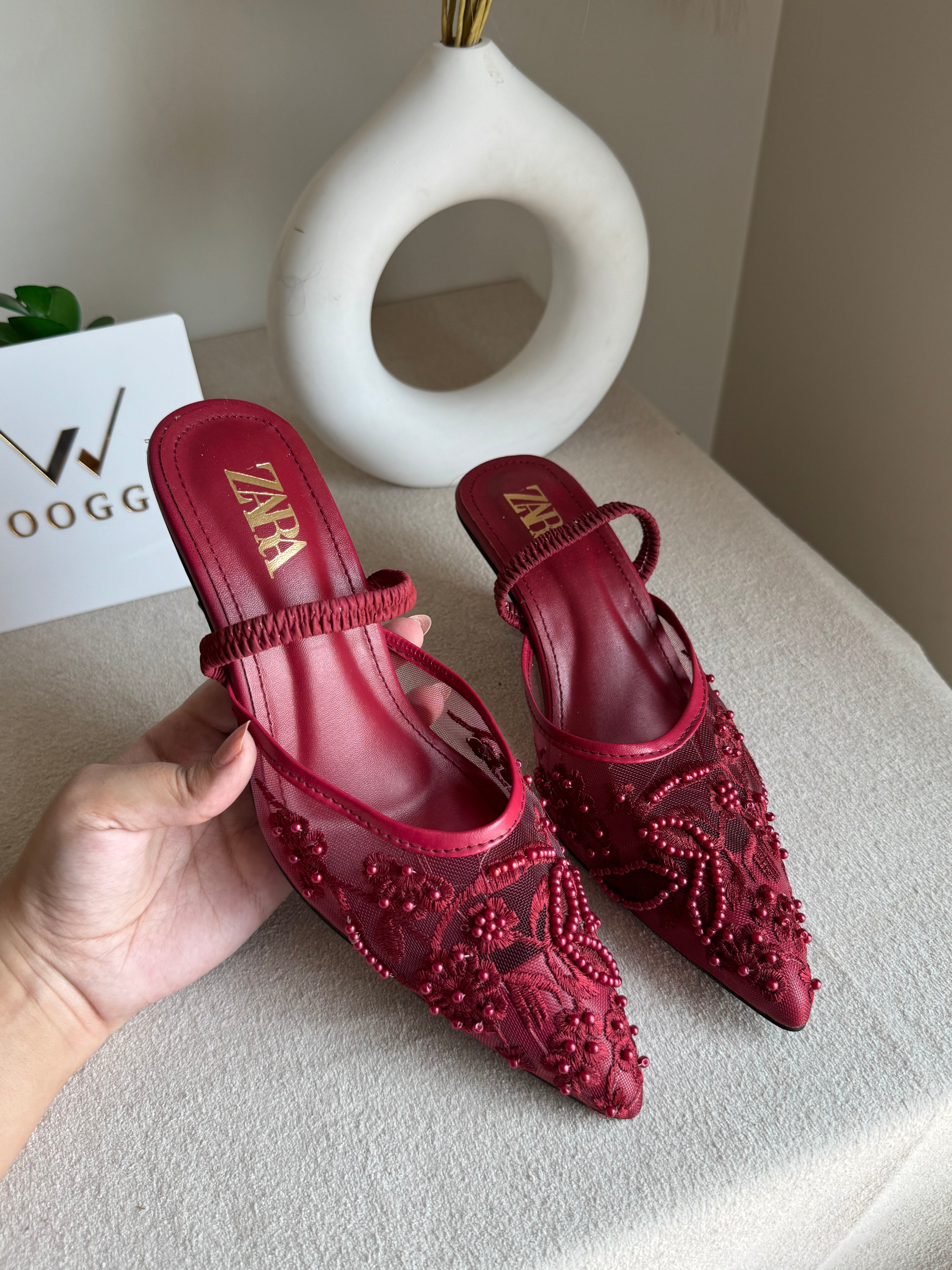 Zara Embroidered Net Heels - Maroon
