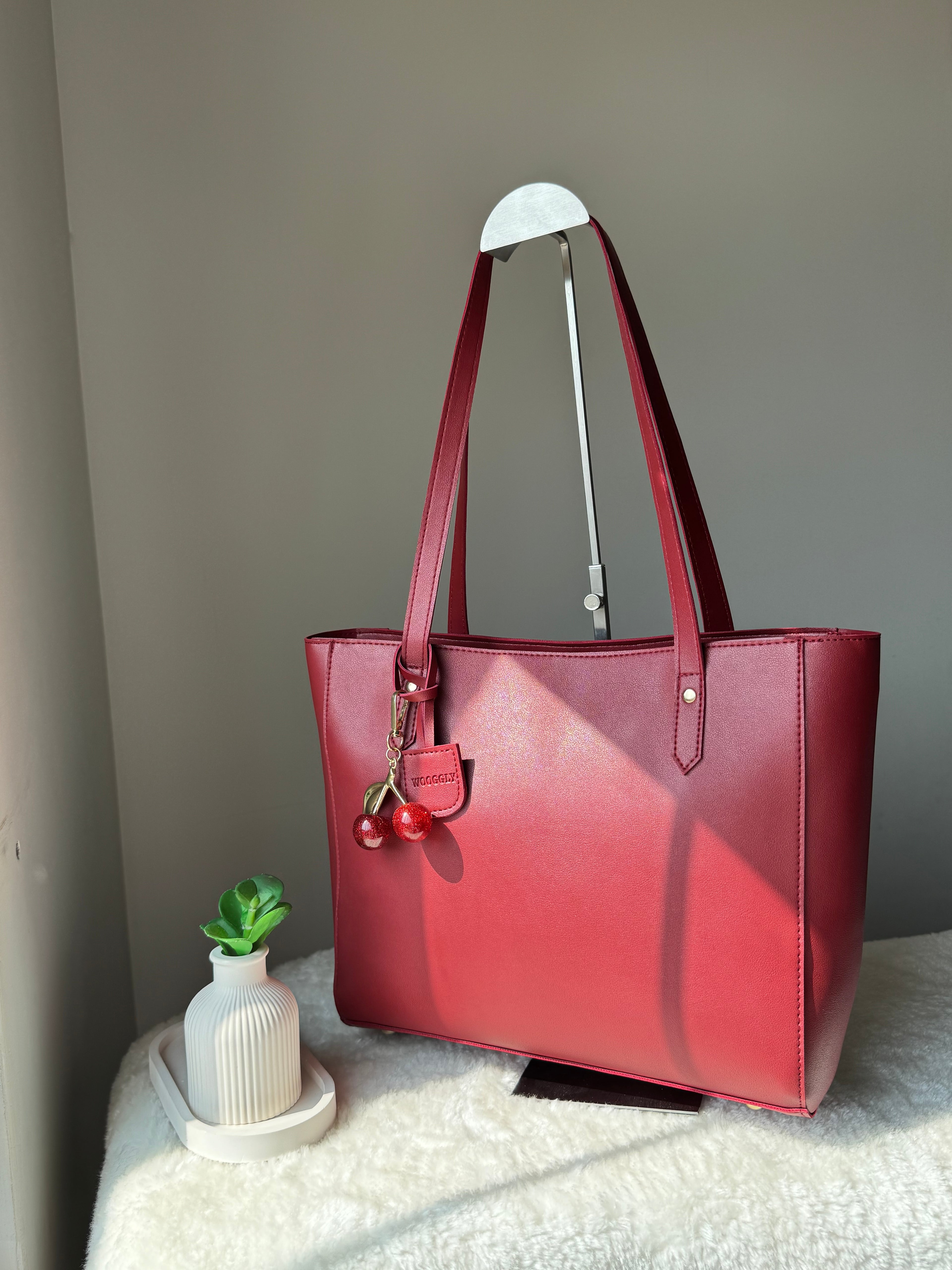 Wooggly Signature Tote Bag with Cherry Charm - Maroon