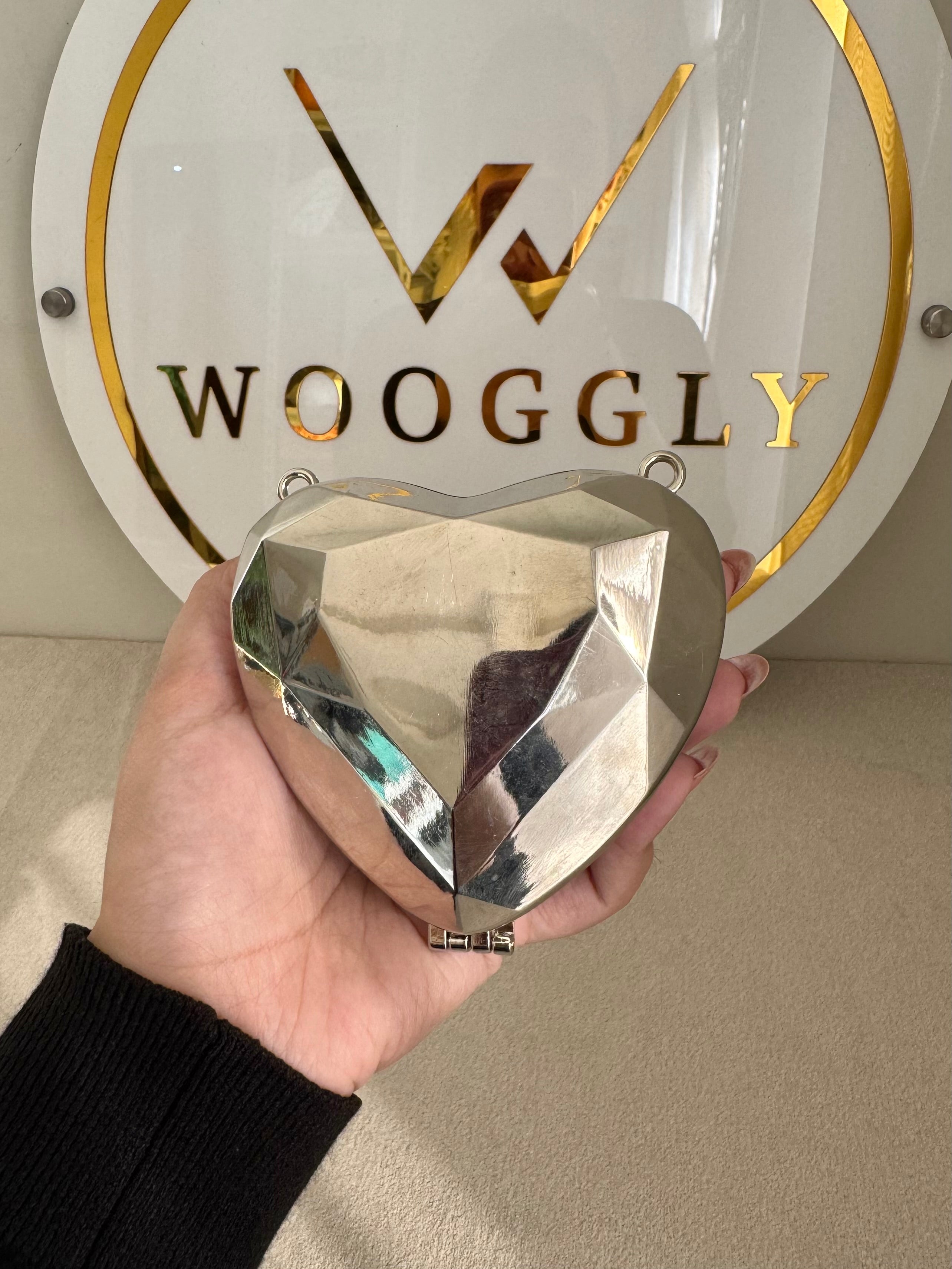 Metallic Heart Clutch with Chain - Mini Silver