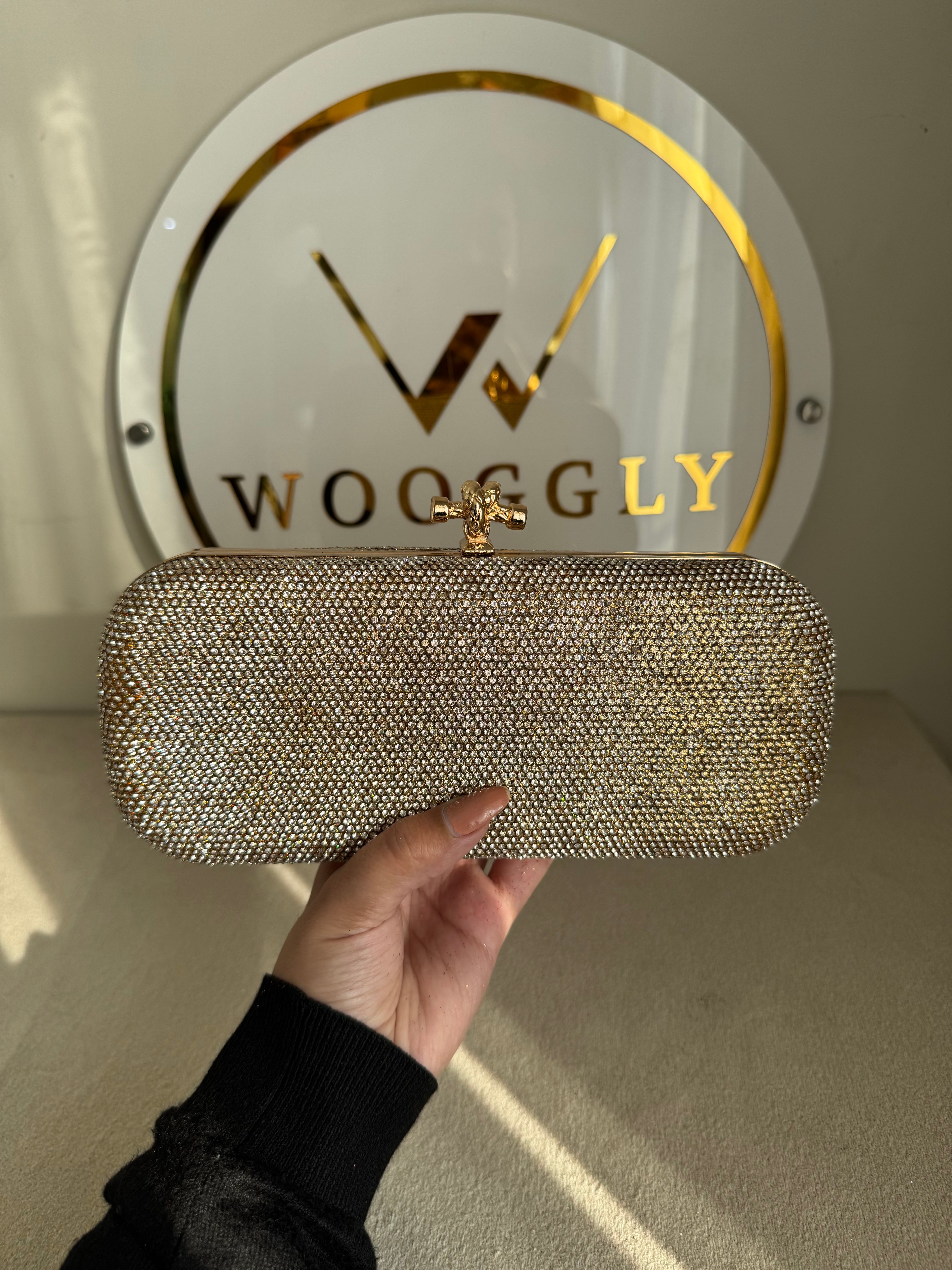 Bottega Shimmer Clutch - Rose Gold with Chain