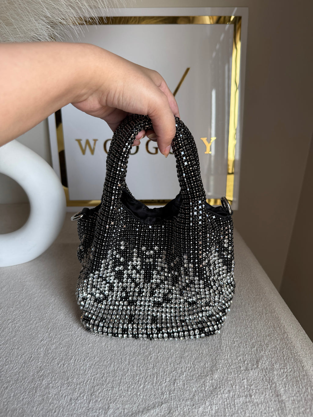 Party Wear Rhinestone Bucket Bag - Black