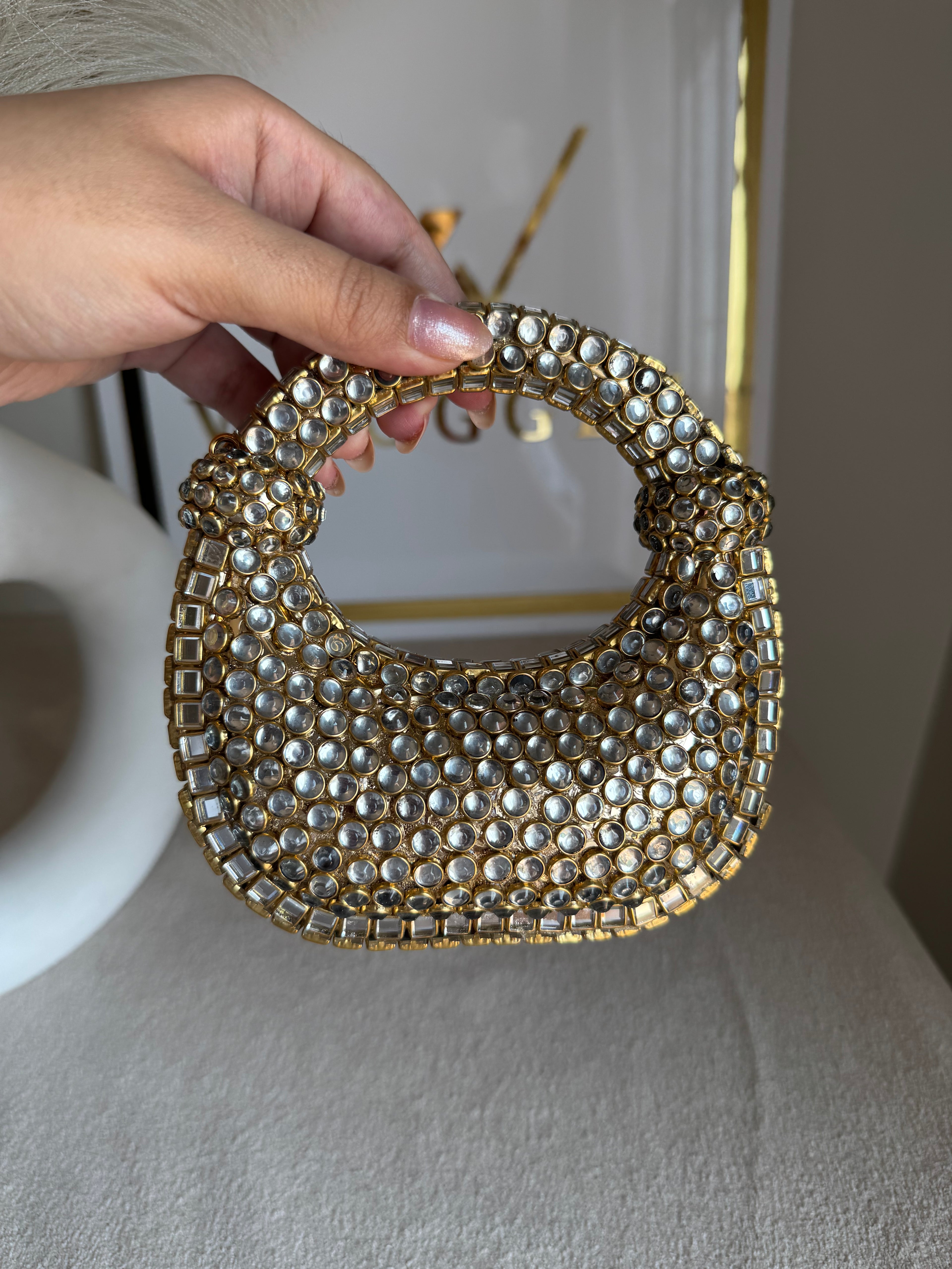 Kundan Classic Moon Clutch with Red Stone Embellishment