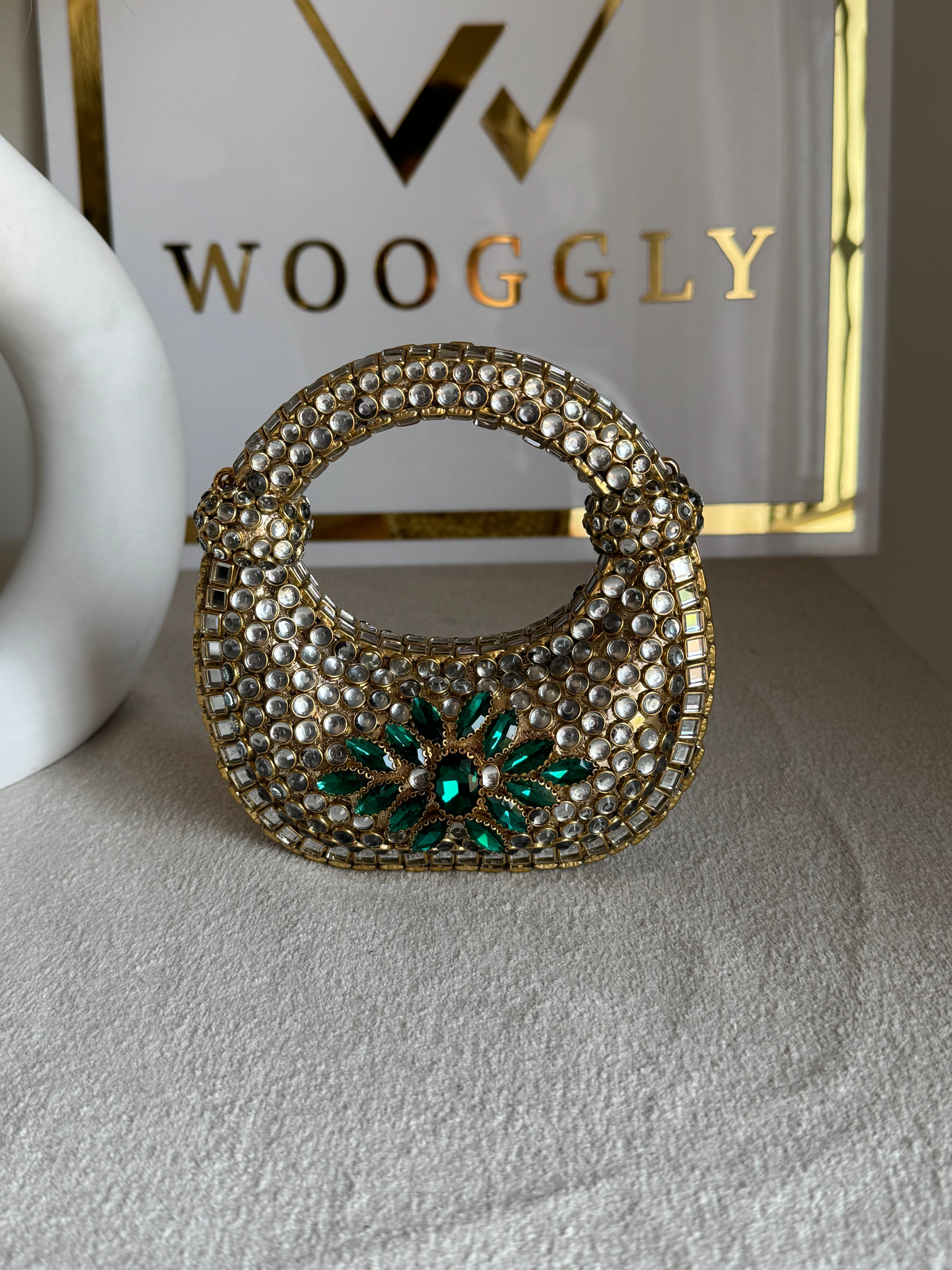 Kundan Classic Moon Clutch with Green Stone Embellishment