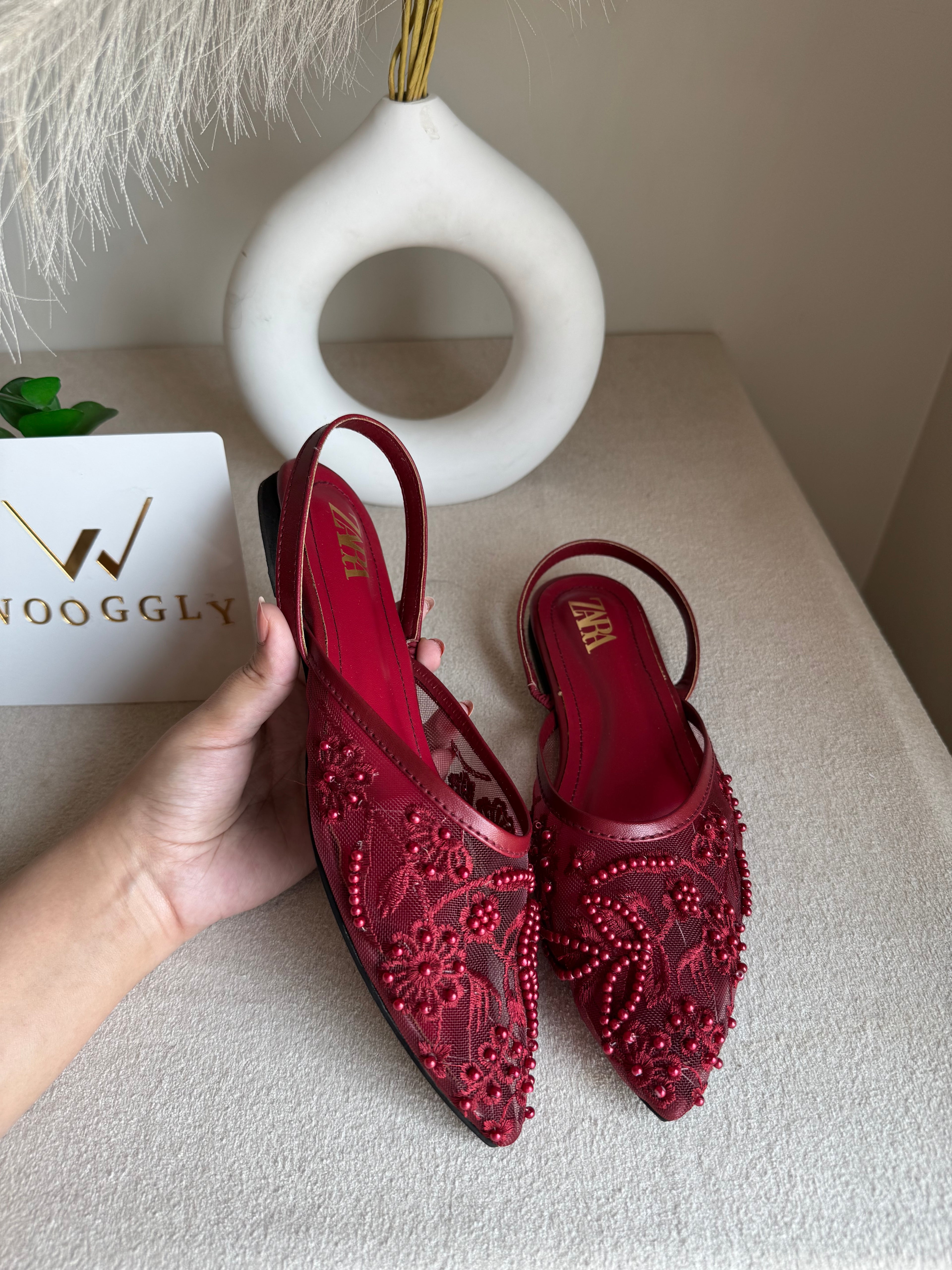 Zara Embroidered Mesh Slingback Flats  - Maroon
