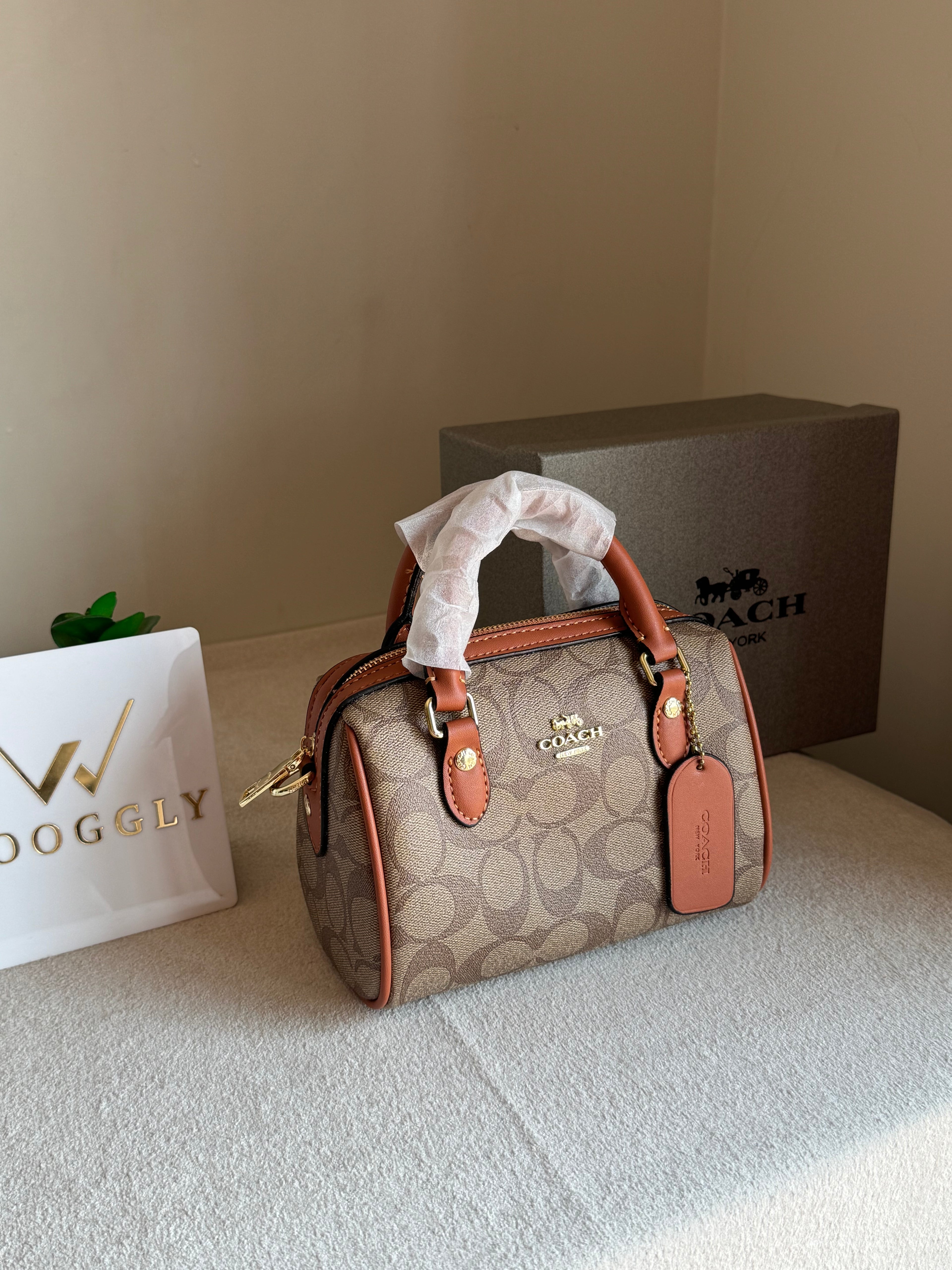 COACH Mini Duffle Bag PREMIUM with Long Strap Apricot Brown - BOX PACKING