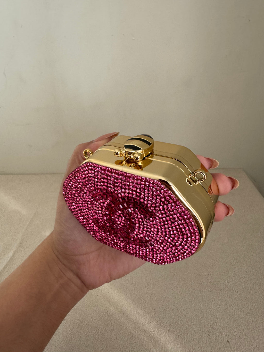 Mini Chanel Embellished Clutch with Chain - Pink & Gold