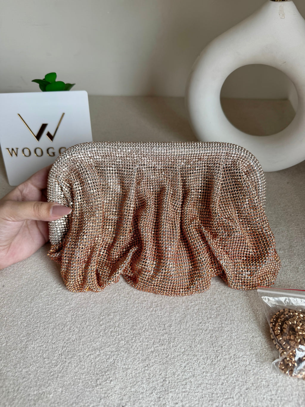 Viral High Quality Rhinestone Clutch with Chain - Rose Gold with Silver