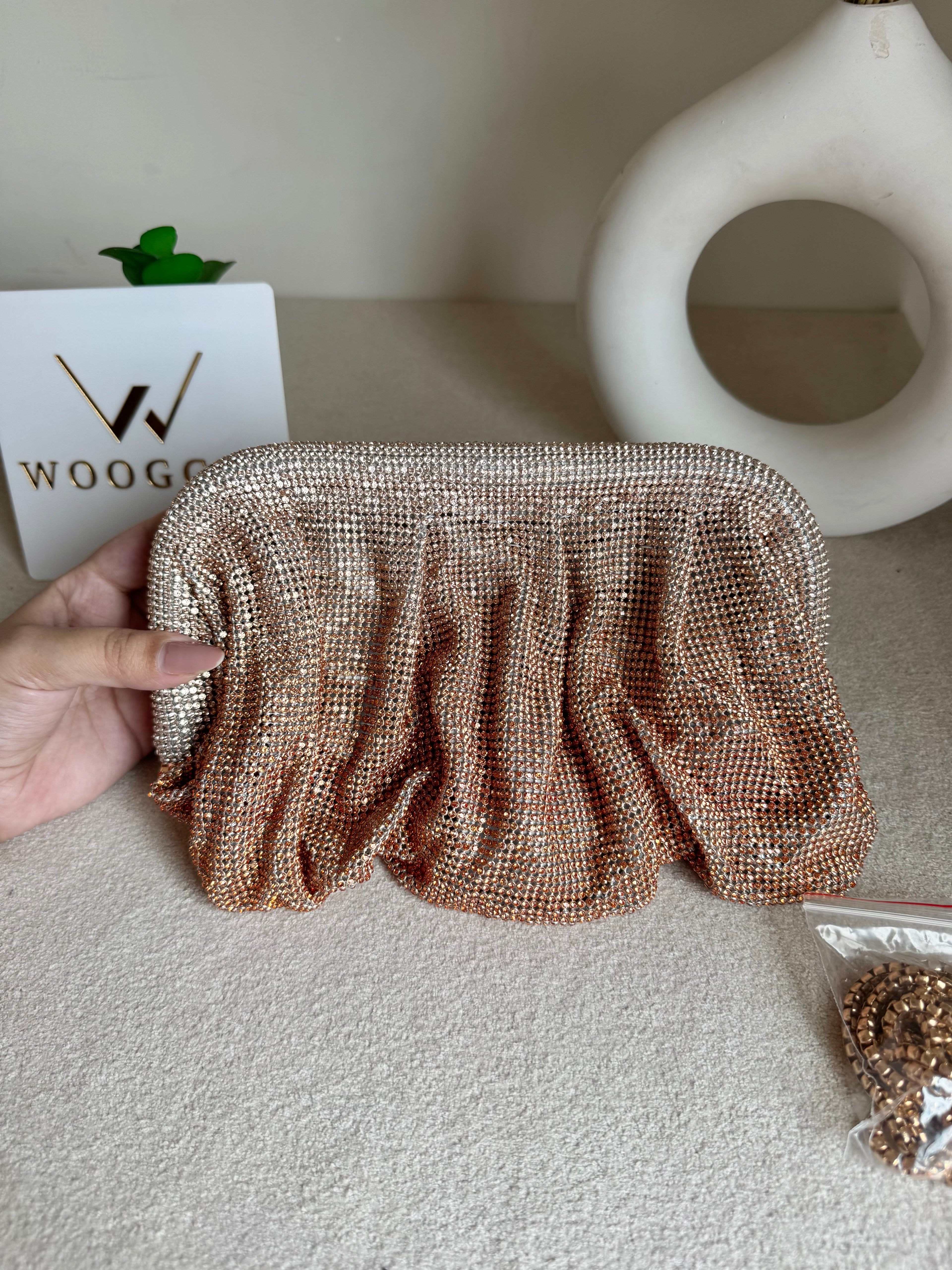 Viral High Quality Rhinestone Clutch with Chain - Rose Gold with Silver