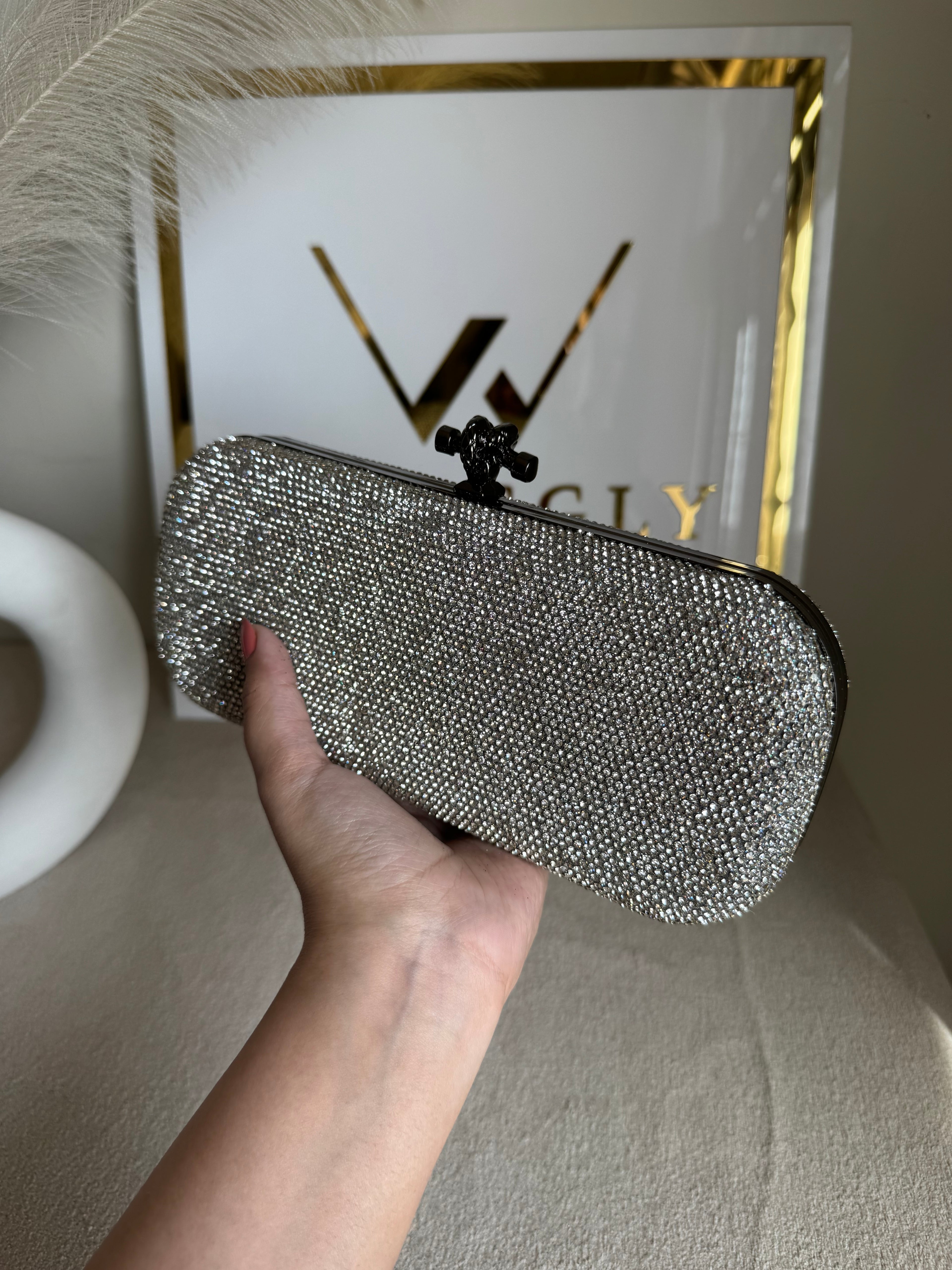 Bottega Shimmer Clutch Matte Top - Silver with Chain