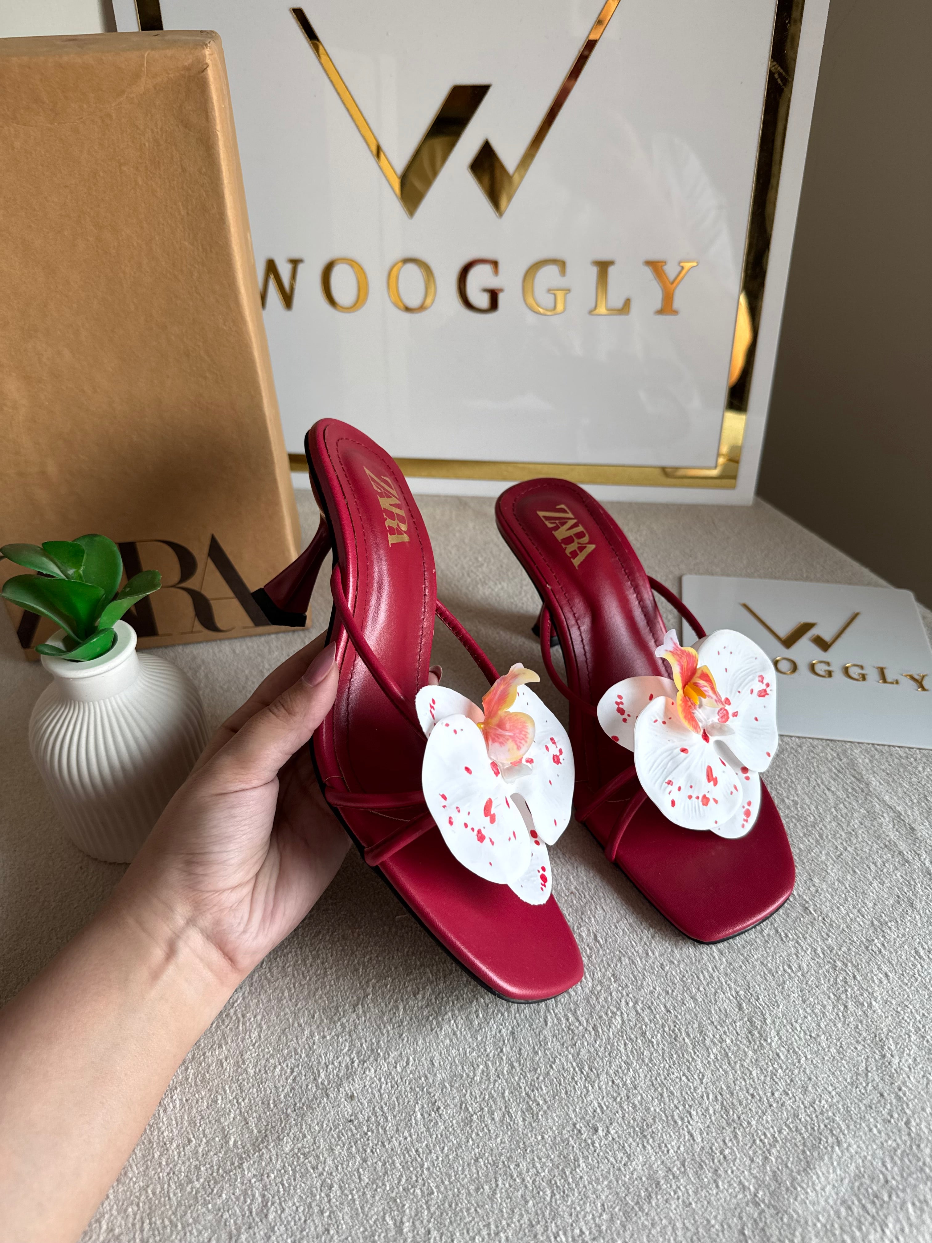 Zara Flower Heels MAROON - with Brand Box