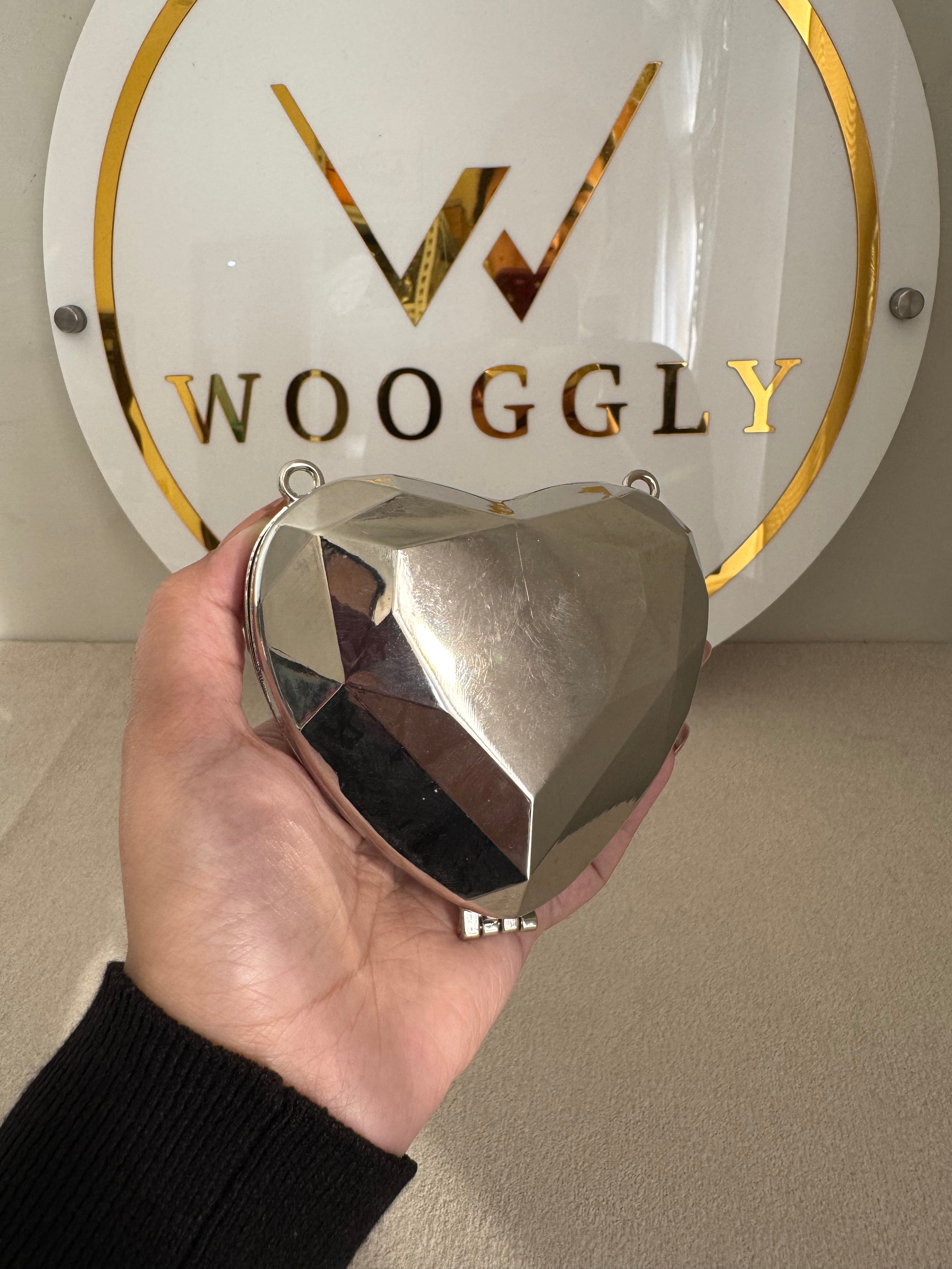 Metallic Heart Clutch with Chain - Mini Silver