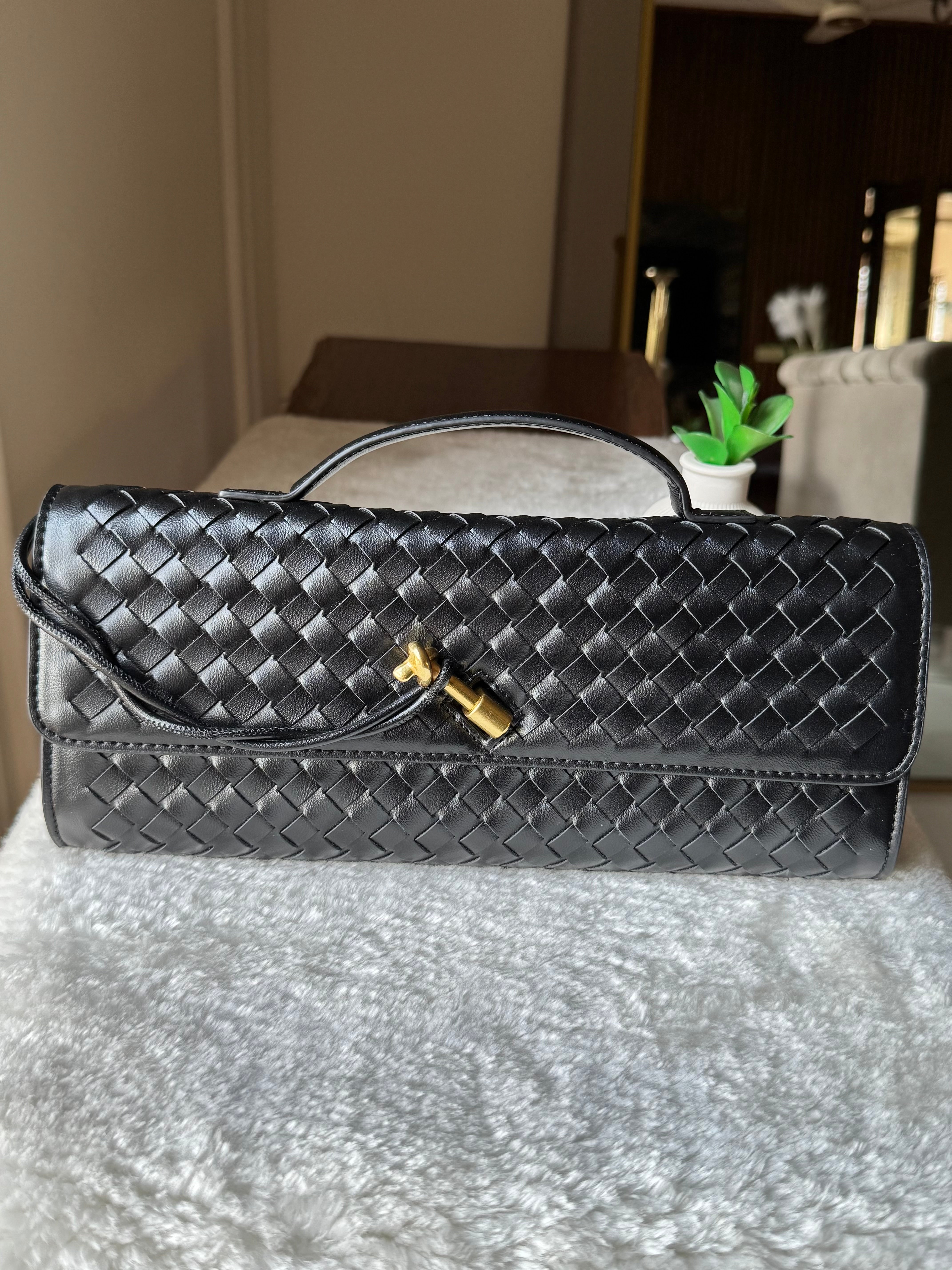 Bottega Veneta Inspired Clutch (Black) with Long Strap