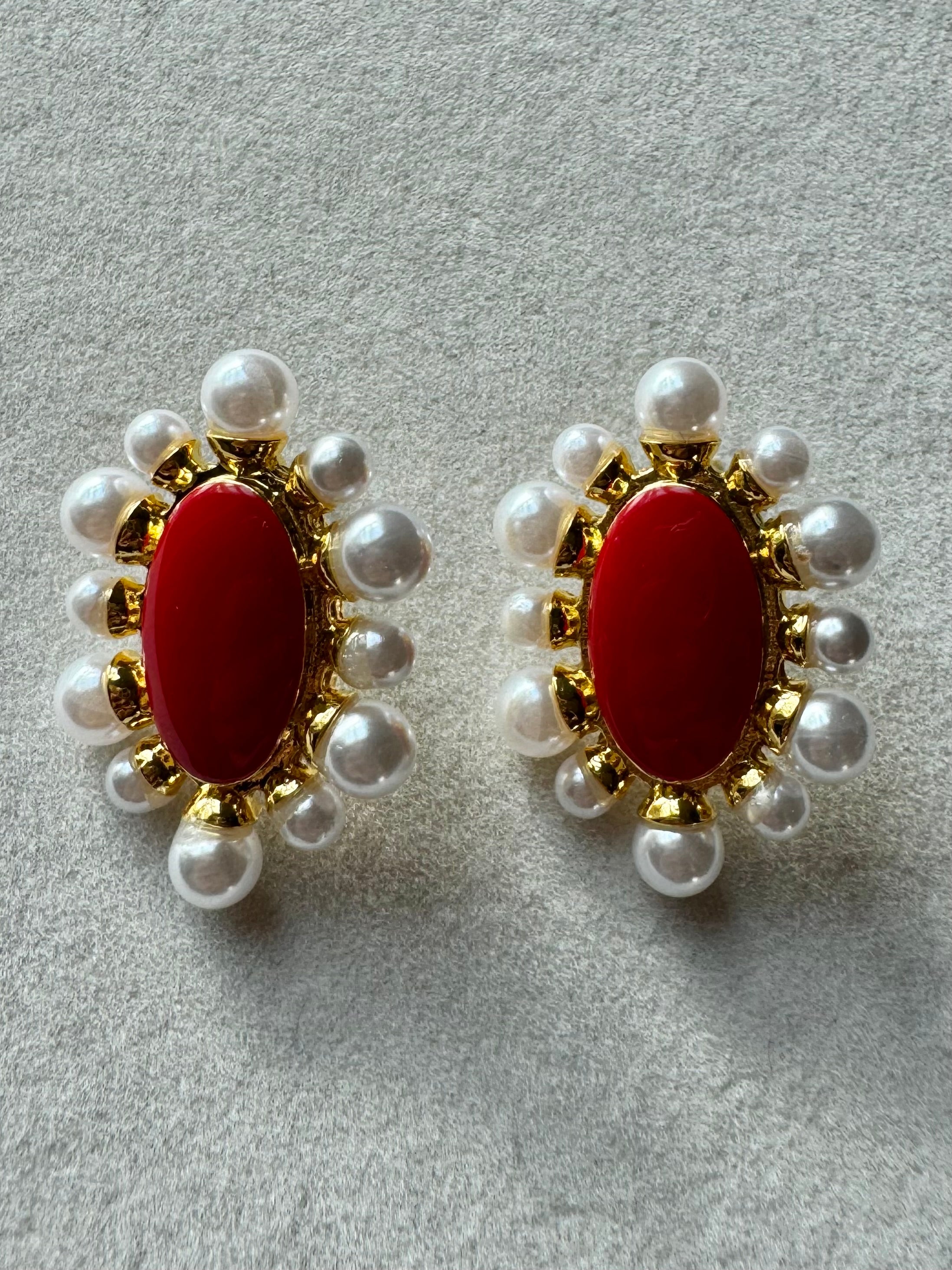 Lunar Essense Studs - Red & Pearls