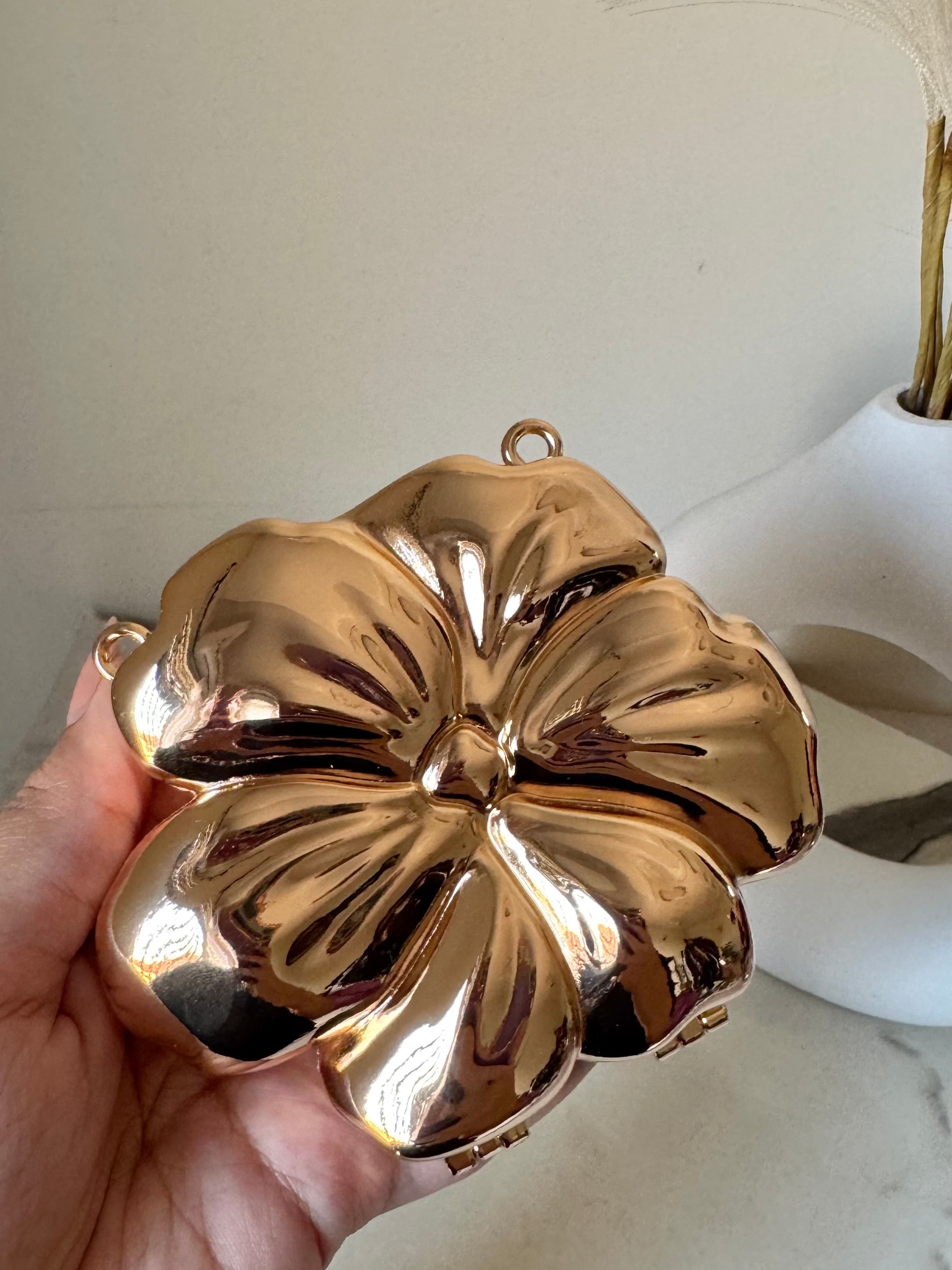 Viral Flower Metallic Clutch with Chain - Gold